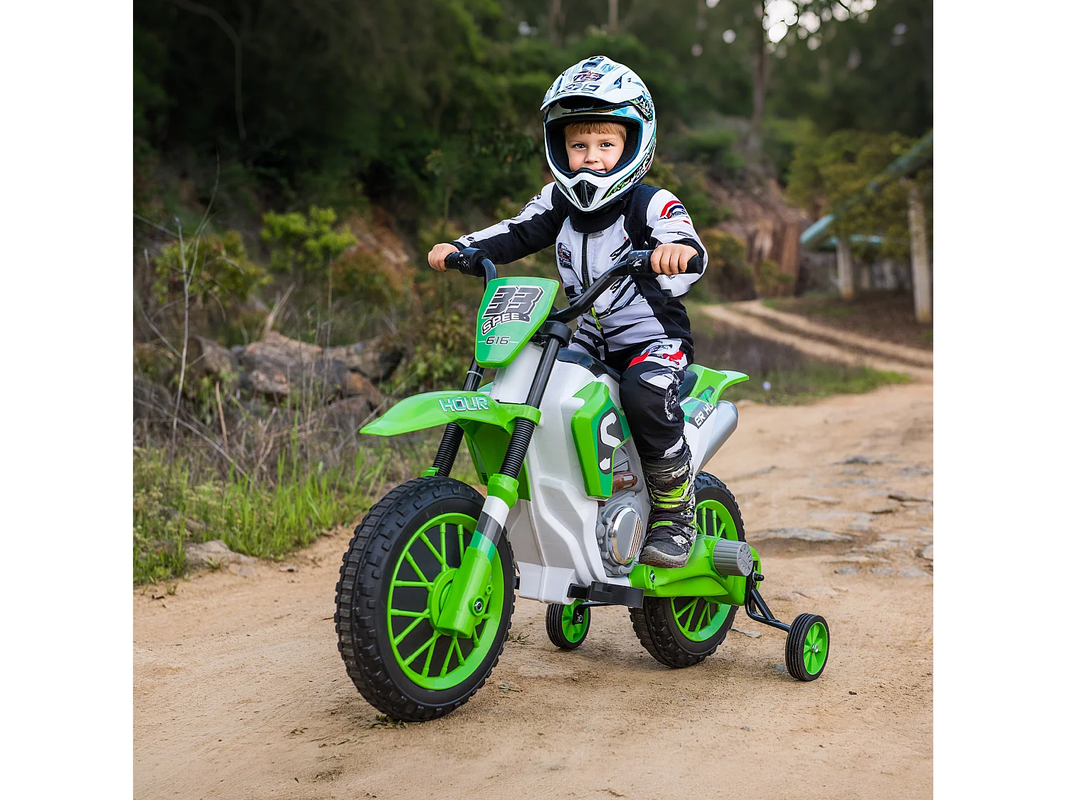 Moto da cross elettrica per bambini 12v ricaricabile con rotelle verde
