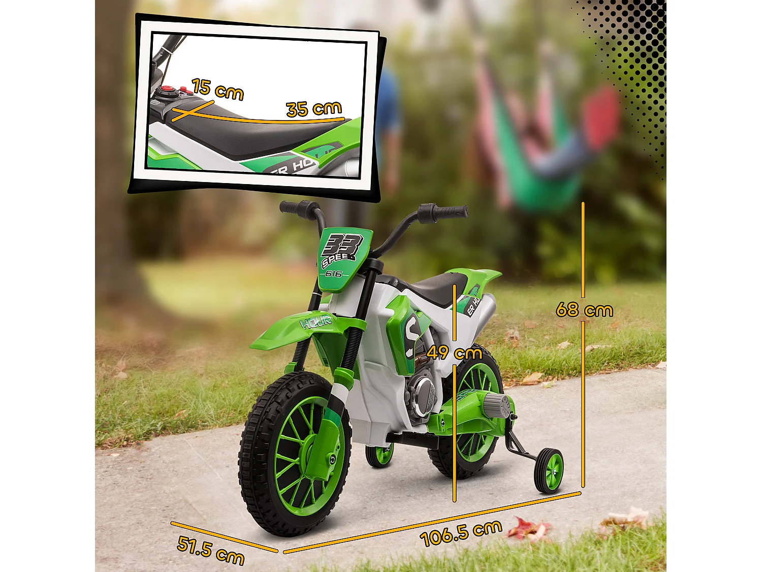 Moto da cross elettrica per bambini 12v ricaricabile con rotelle verde