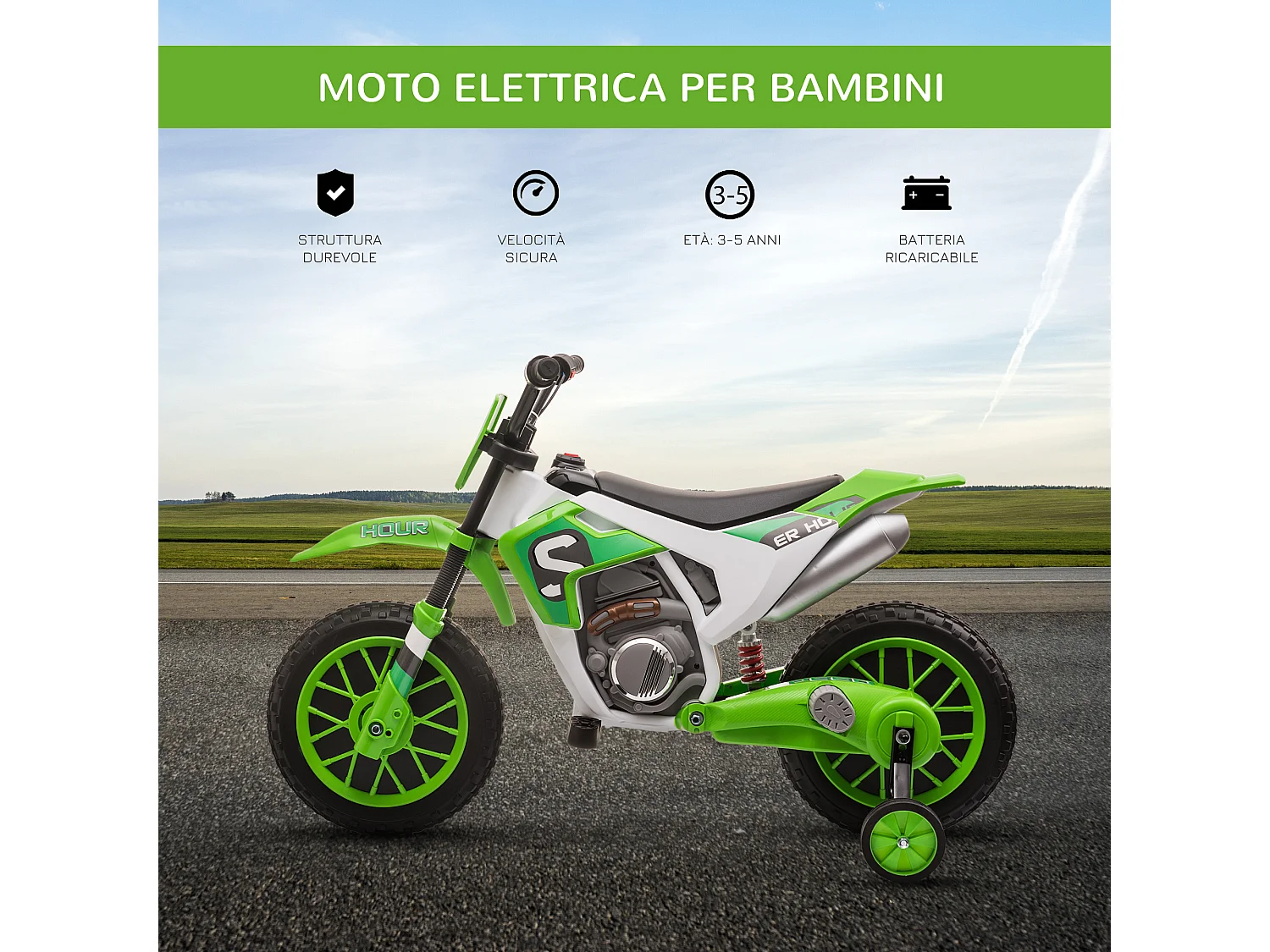 Moto da cross elettrica per bambini 12v ricaricabile con rotelle verde