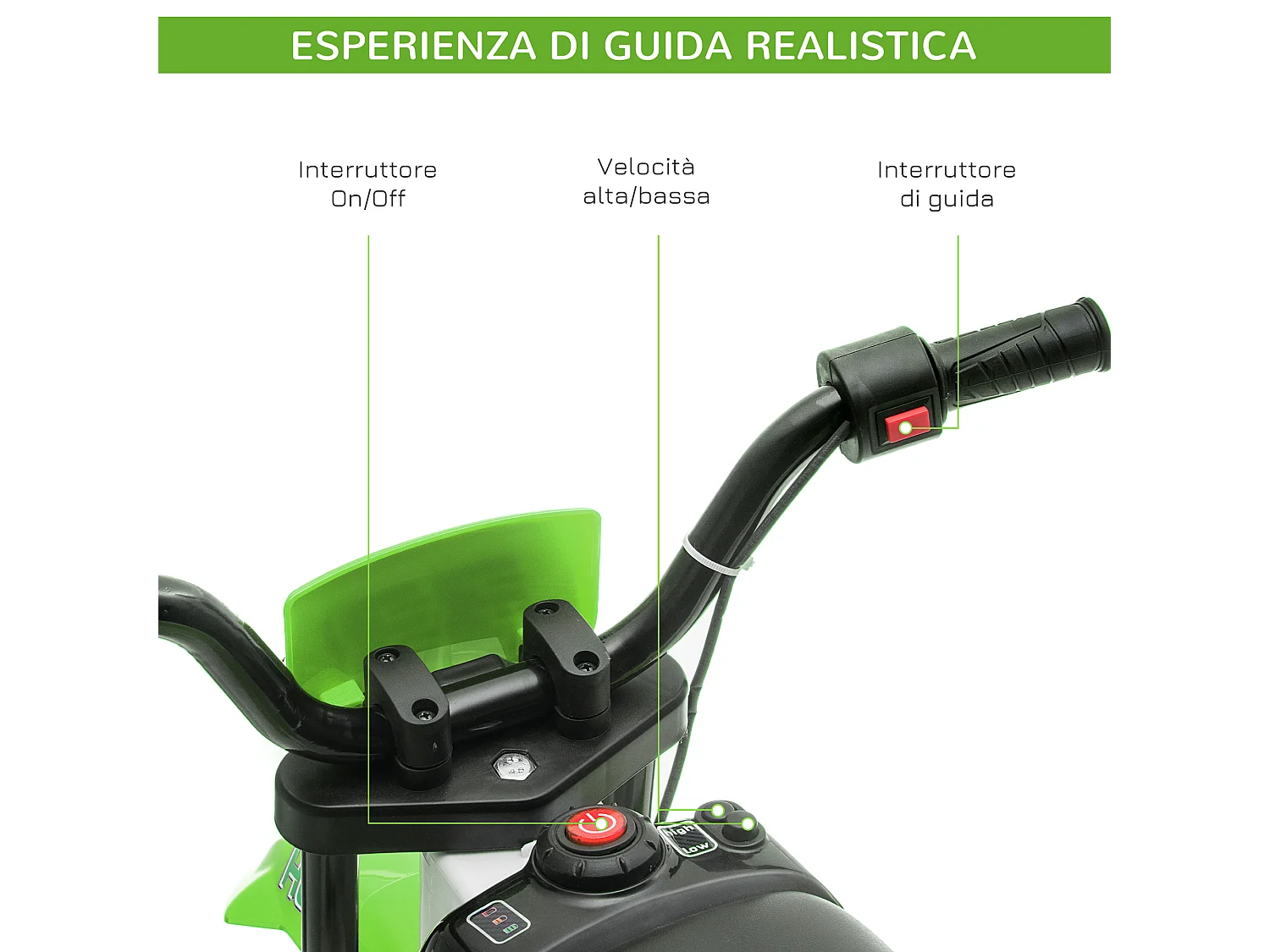 Moto da cross elettrica per bambini 12v ricaricabile con rotelle verde