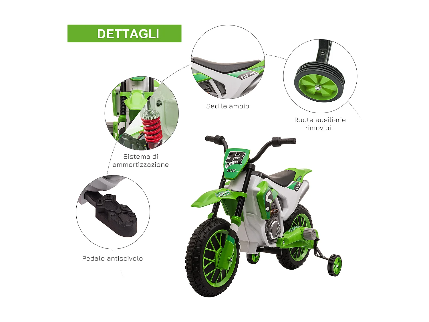 Moto da cross elettrica per bambini 12v ricaricabile con rotelle verde