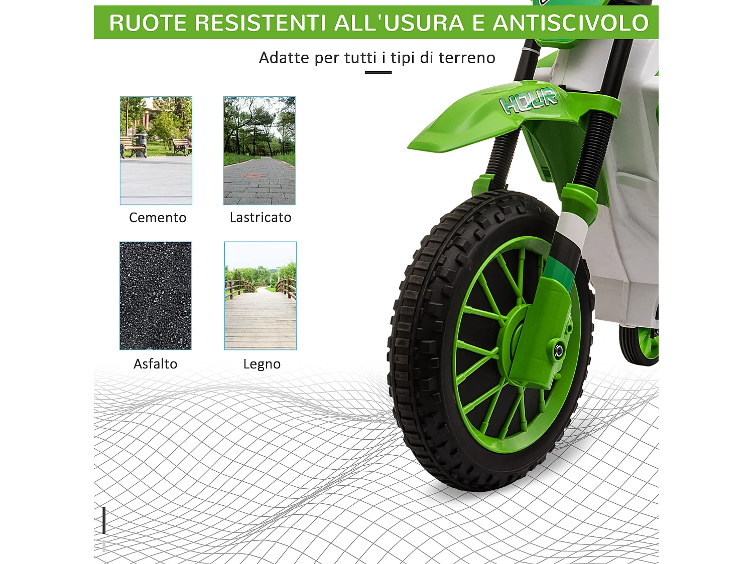 Moto da cross elettrica per bambini 12v ricaricabile con rotelle verde