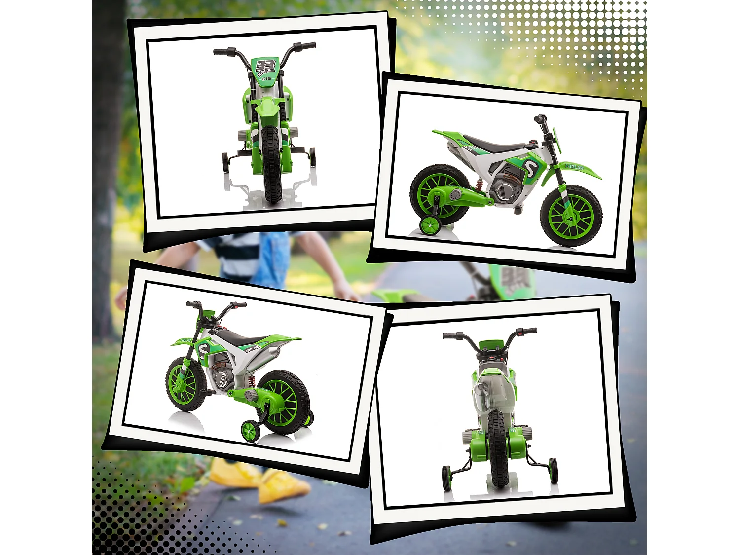 Moto da cross elettrica per bambini 12v ricaricabile con rotelle verde