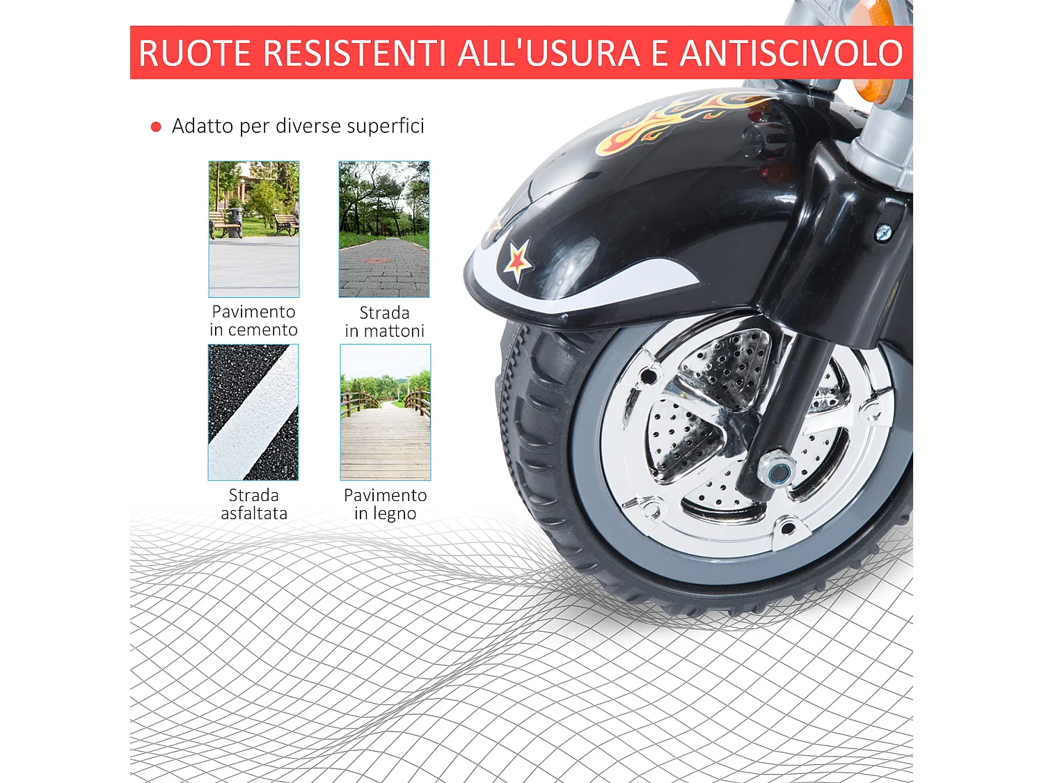 Moto elettrica per bambini da 3-5 anni con 3 ruote nero e rosso