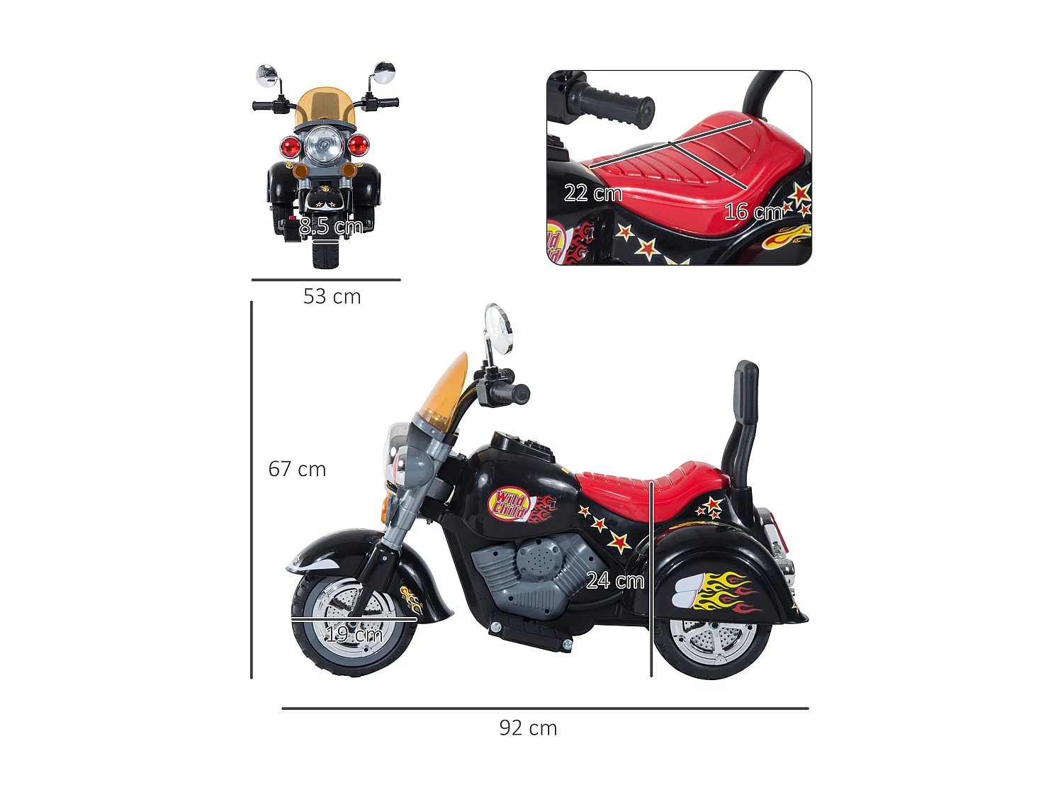 Moto elettrica per bambini da 3-5 anni con 3 ruote nero e rosso