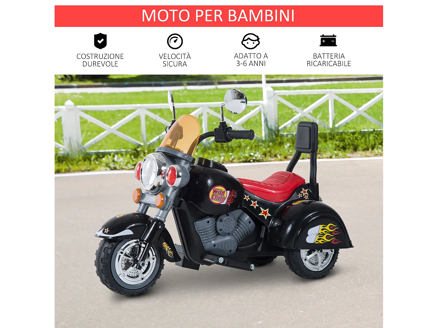 Moto elettrica per bambini da 3-5 anni con 3 ruote nero e rosso