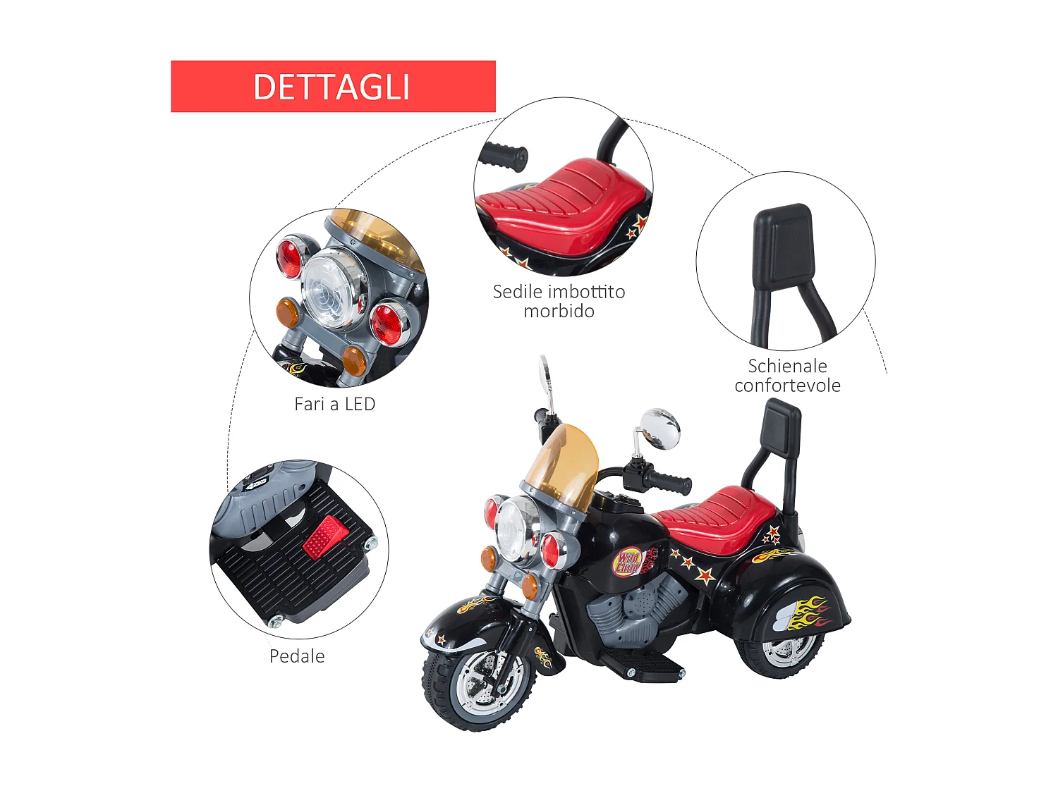 Moto elettrica per bambini da 3-5 anni con 3 ruote nero e rosso