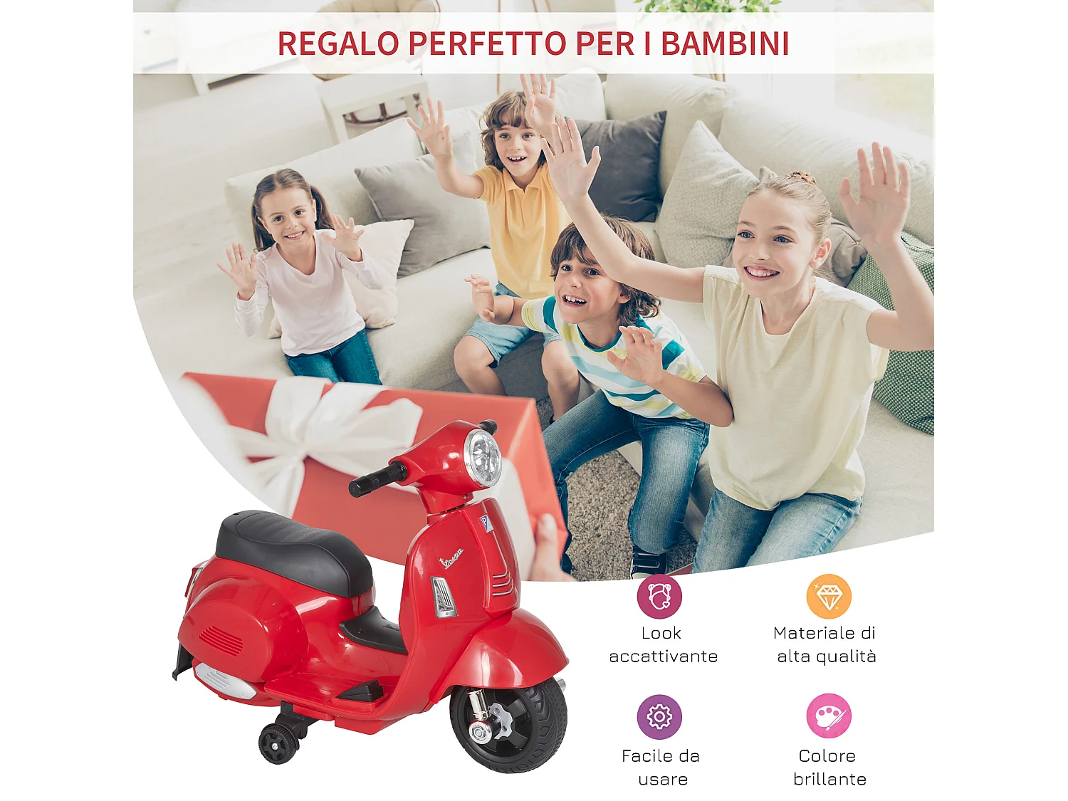 Moto per bambini vespa batteria 6v fari e clacson 18-36 mesi