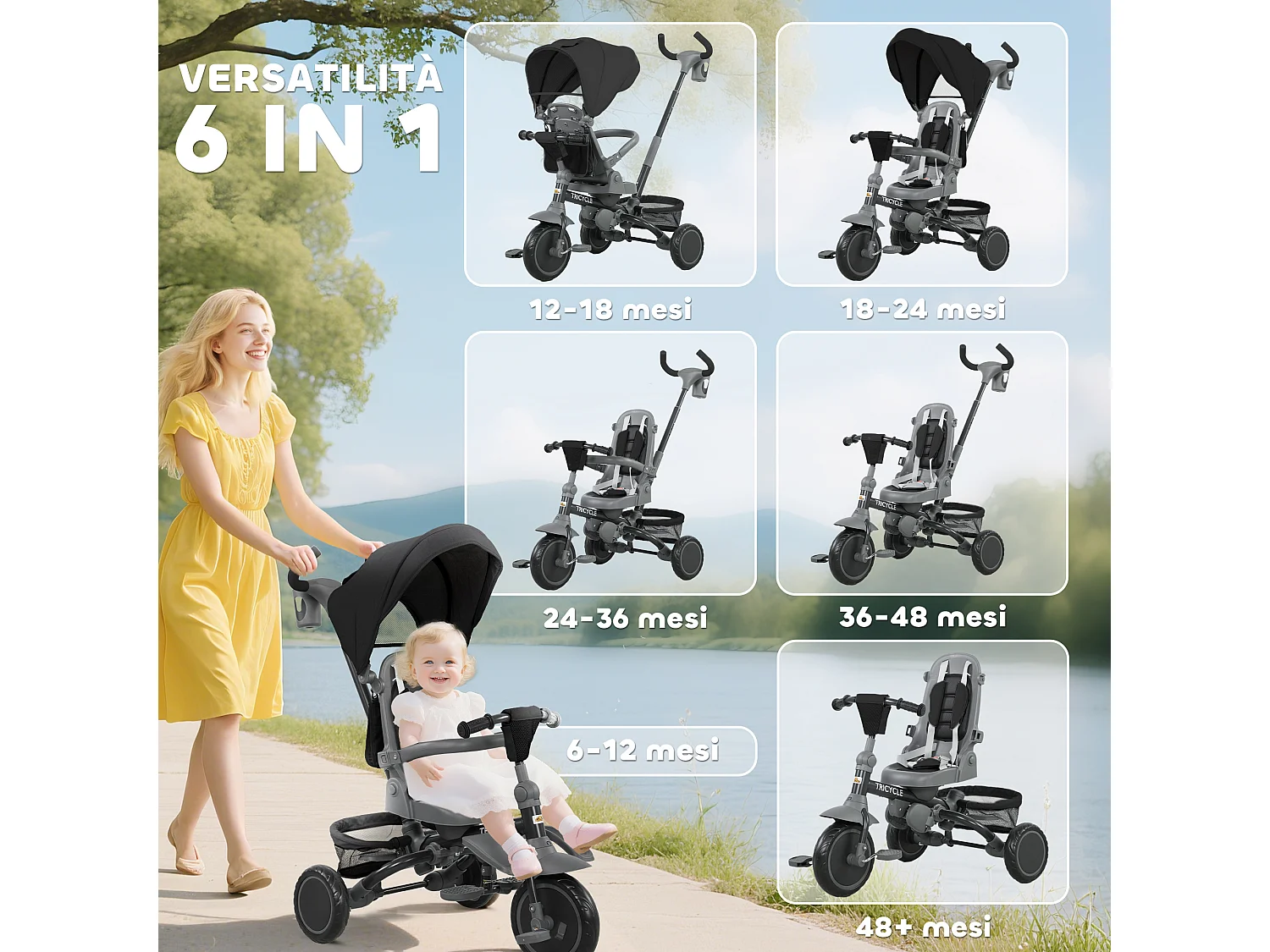 Triciclo per bambini 6 in 1 con maniglione di spinta e cintura nero