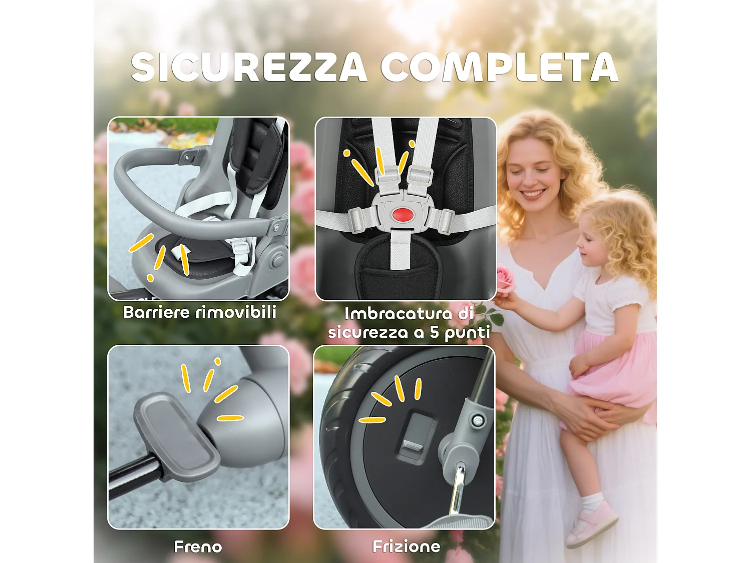 Triciclo per bambini 6 in 1 con maniglione di spinta e cintura nero