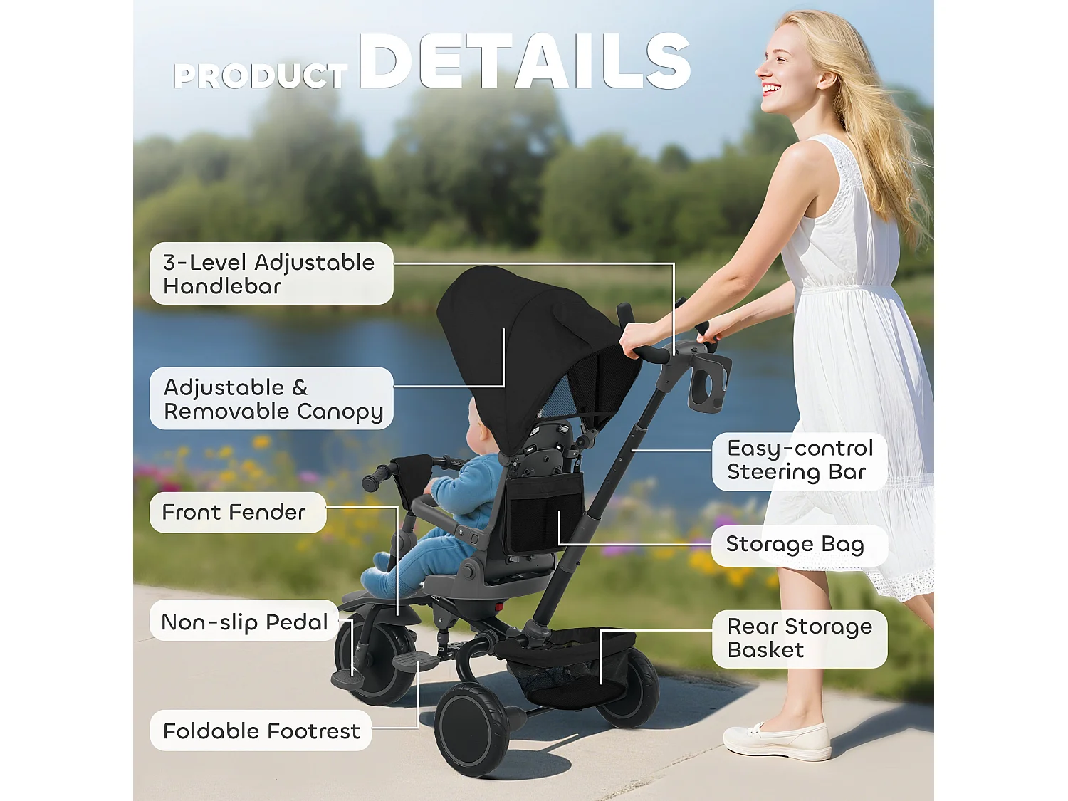 Triciclo per bambini 6 in 1 con maniglione di spinta e cintura nero