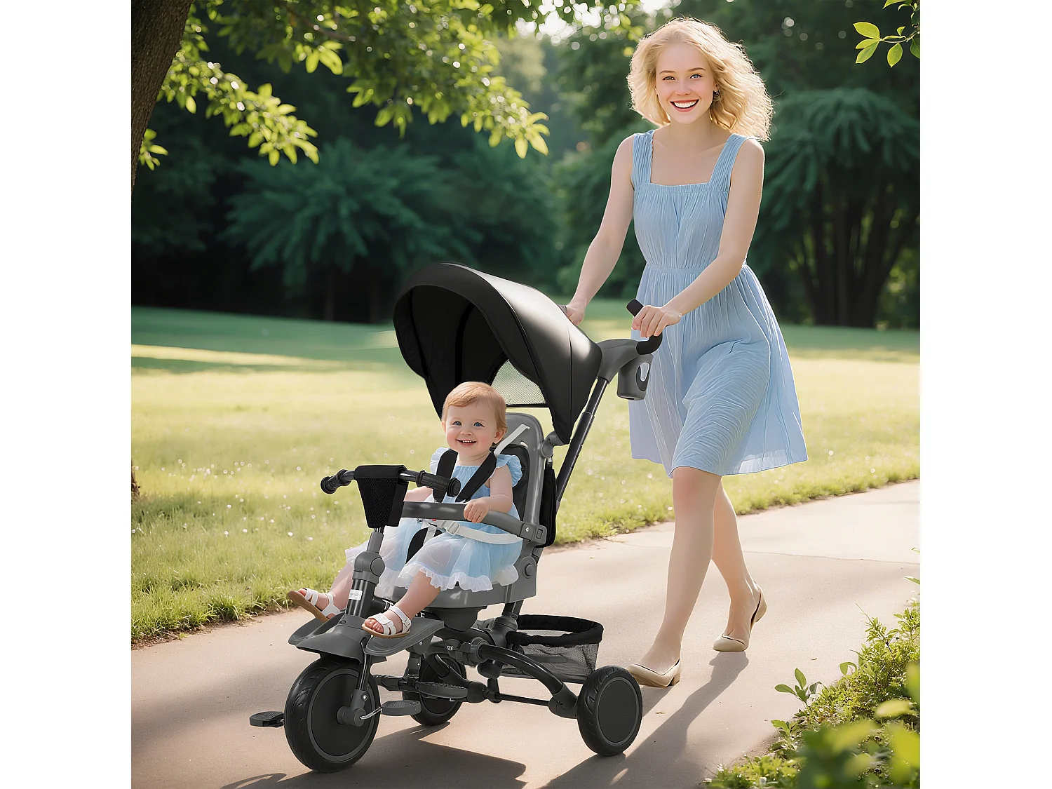 Triciclo per bambini 6 in 1 con maniglione di spinta e cintura nero