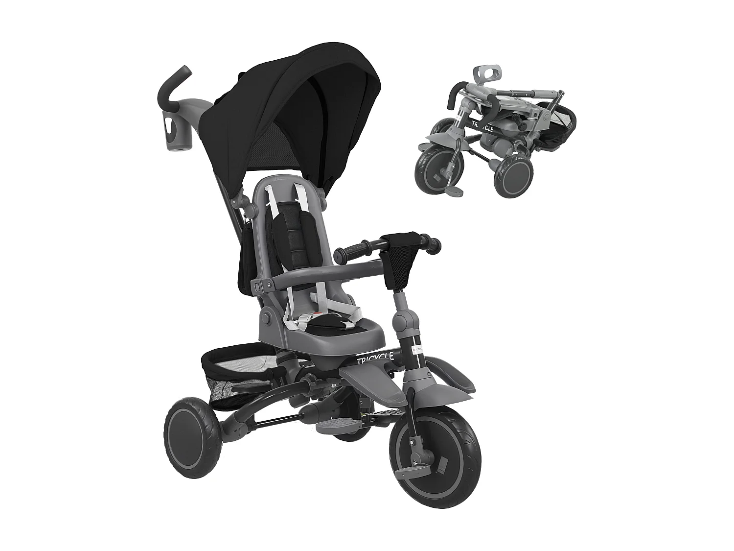 Triciclo per bambini 6 in 1 con maniglione di spinta e cintura nero