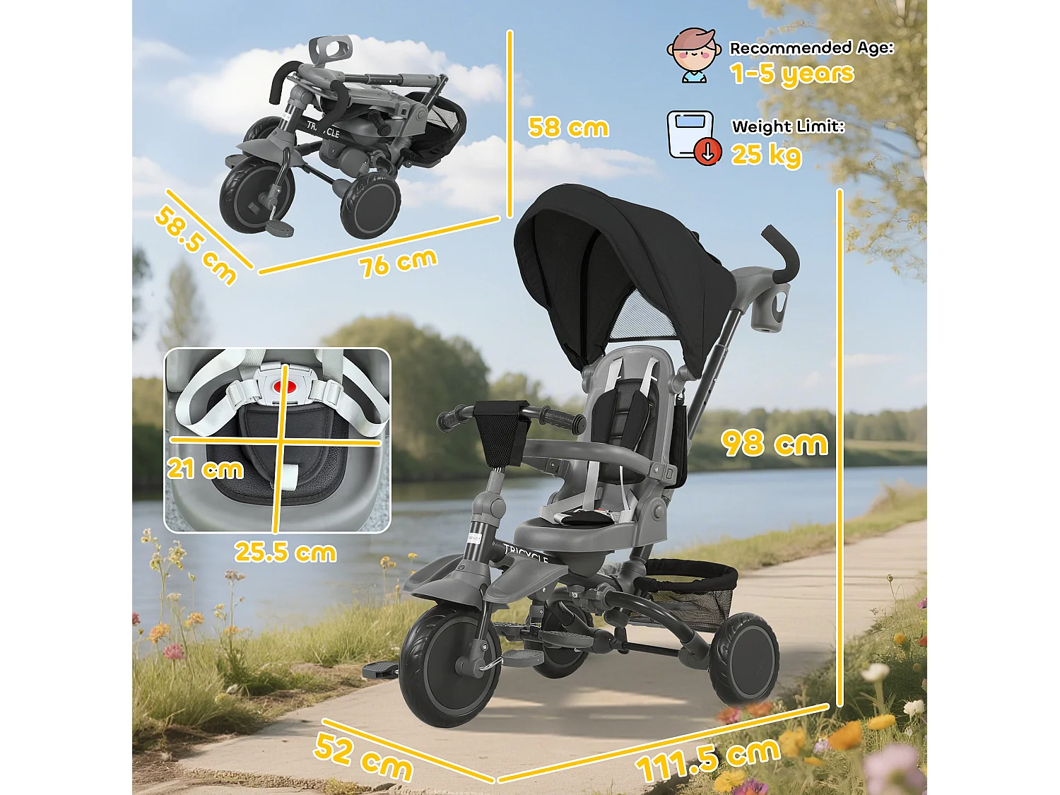 Triciclo per bambini 6 in 1 con maniglione di spinta e cintura nero