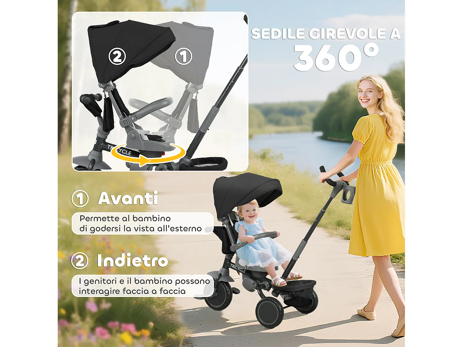 Triciclo per bambini 6 in 1 con maniglione di spinta e cintura nero