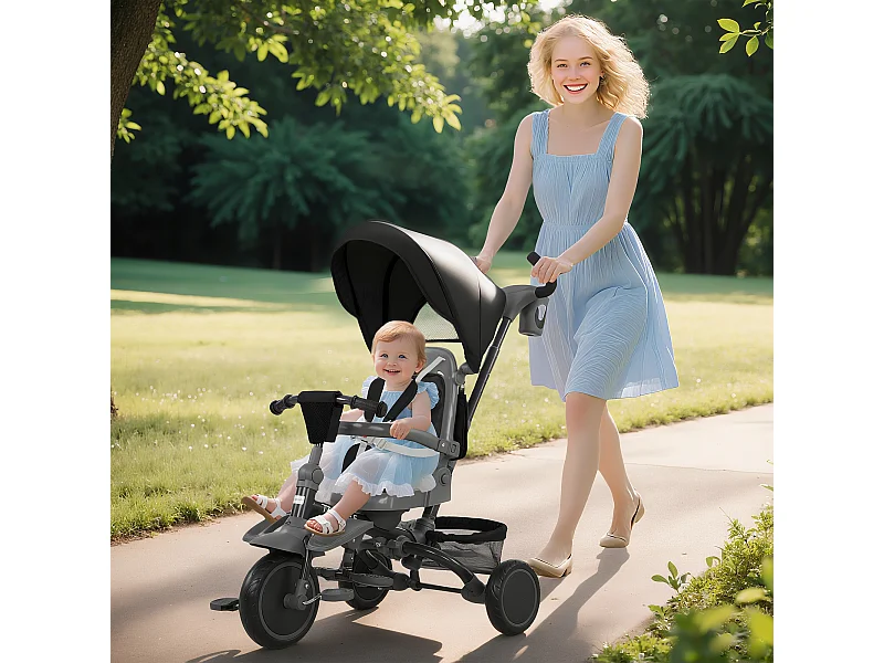 Triciclo per bambini 6 in 1 con maniglione di spinta e cintura nero