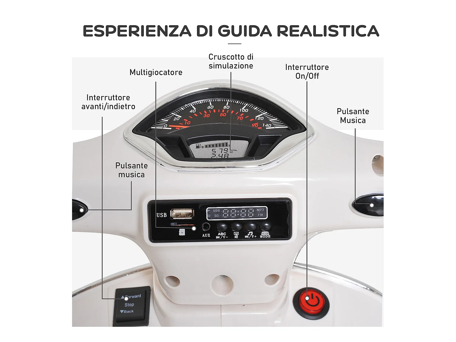 Moto elettrica per bambini 3-6 anni design vespa con suoni bianco