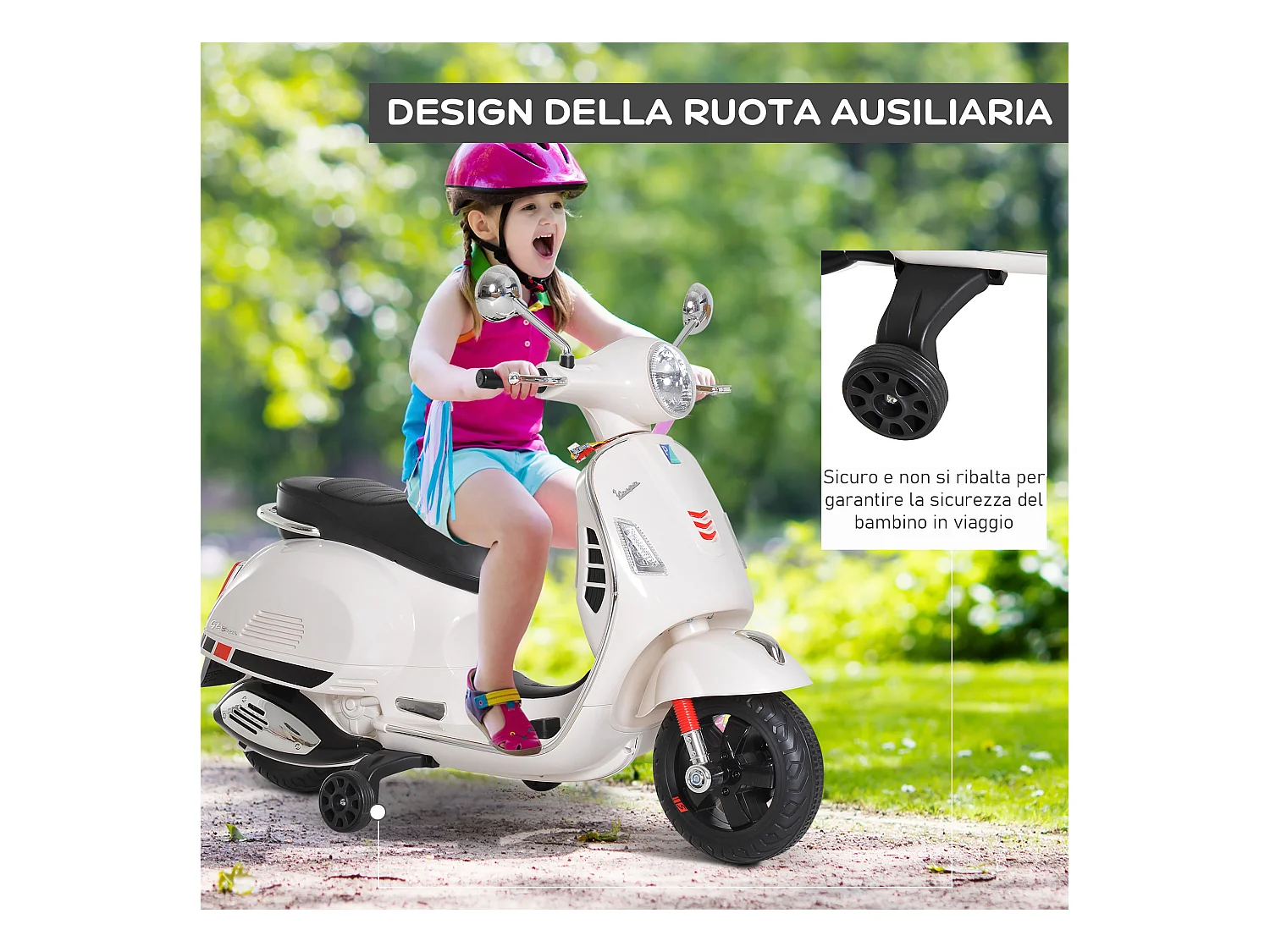 Moto elettrica per bambini 3-6 anni design vespa con suoni bianco