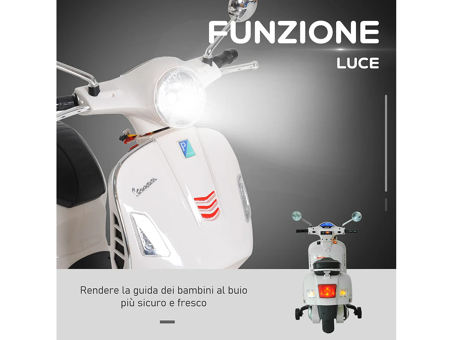 Moto elettrica per bambini 3-6 anni design vespa con suoni bianco