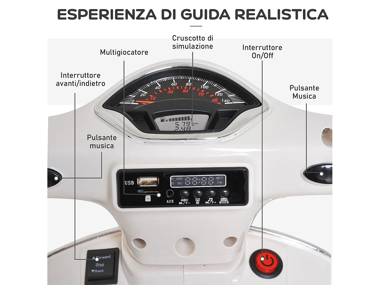 Moto elettrica per bambini 3-6 anni design vespa con suoni bianco