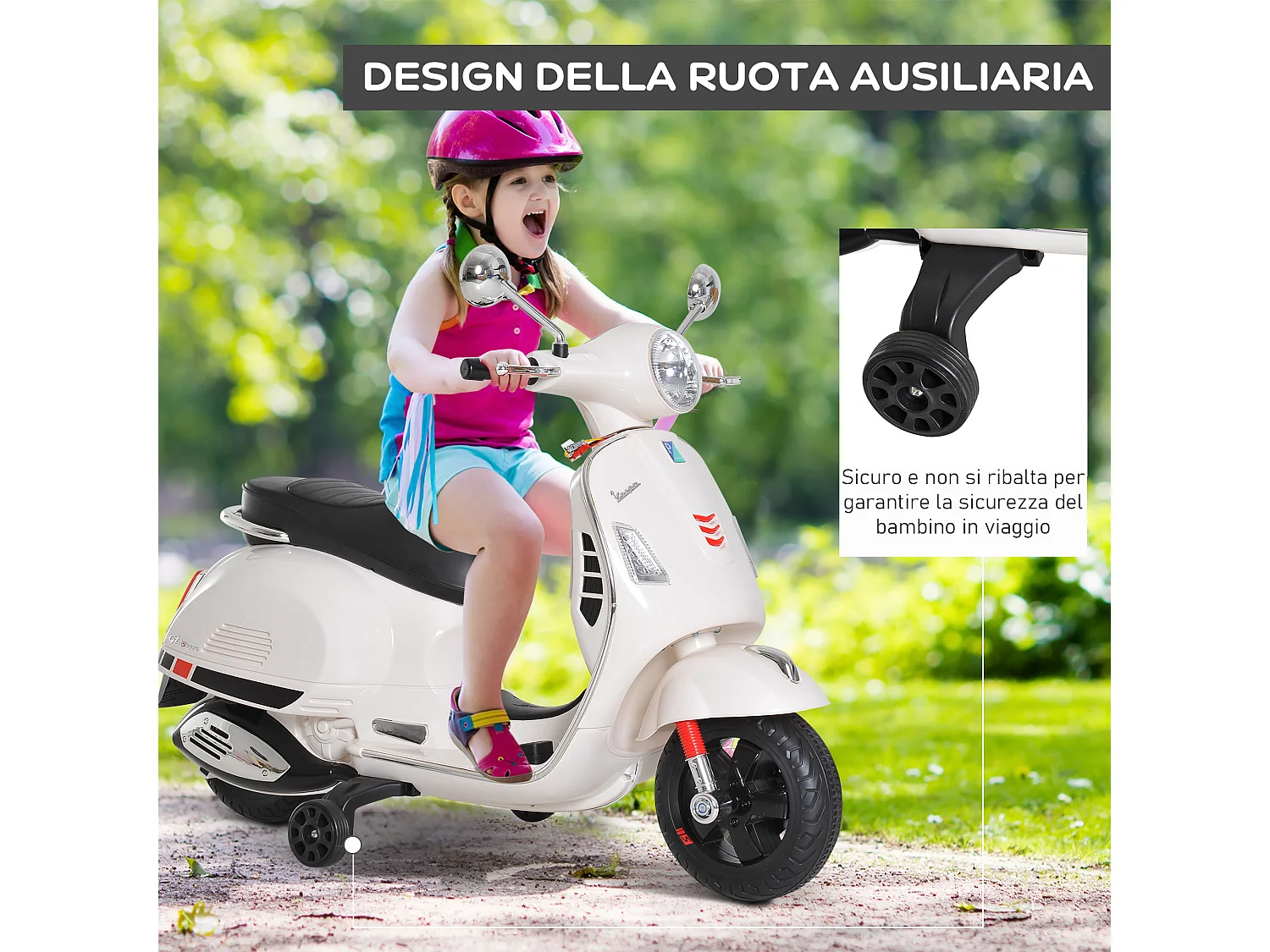 Moto elettrica per bambini 3-6 anni design vespa con suoni bianco