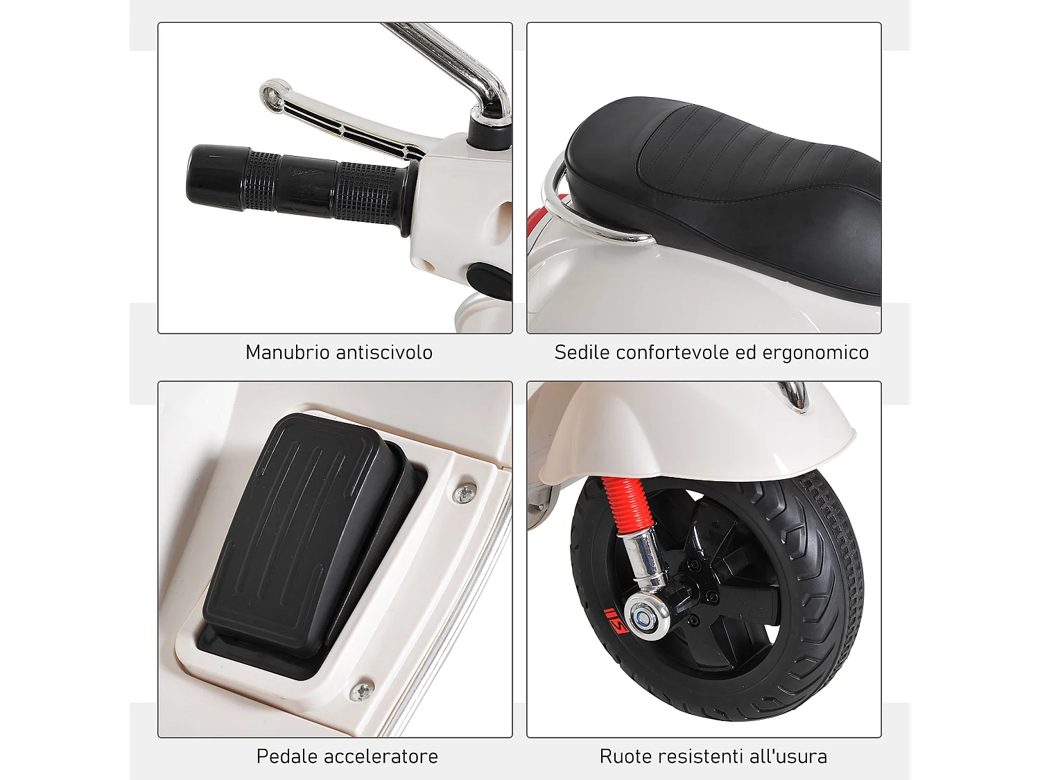 Moto elettrica per bambini 3-6 anni design vespa con suoni bianco