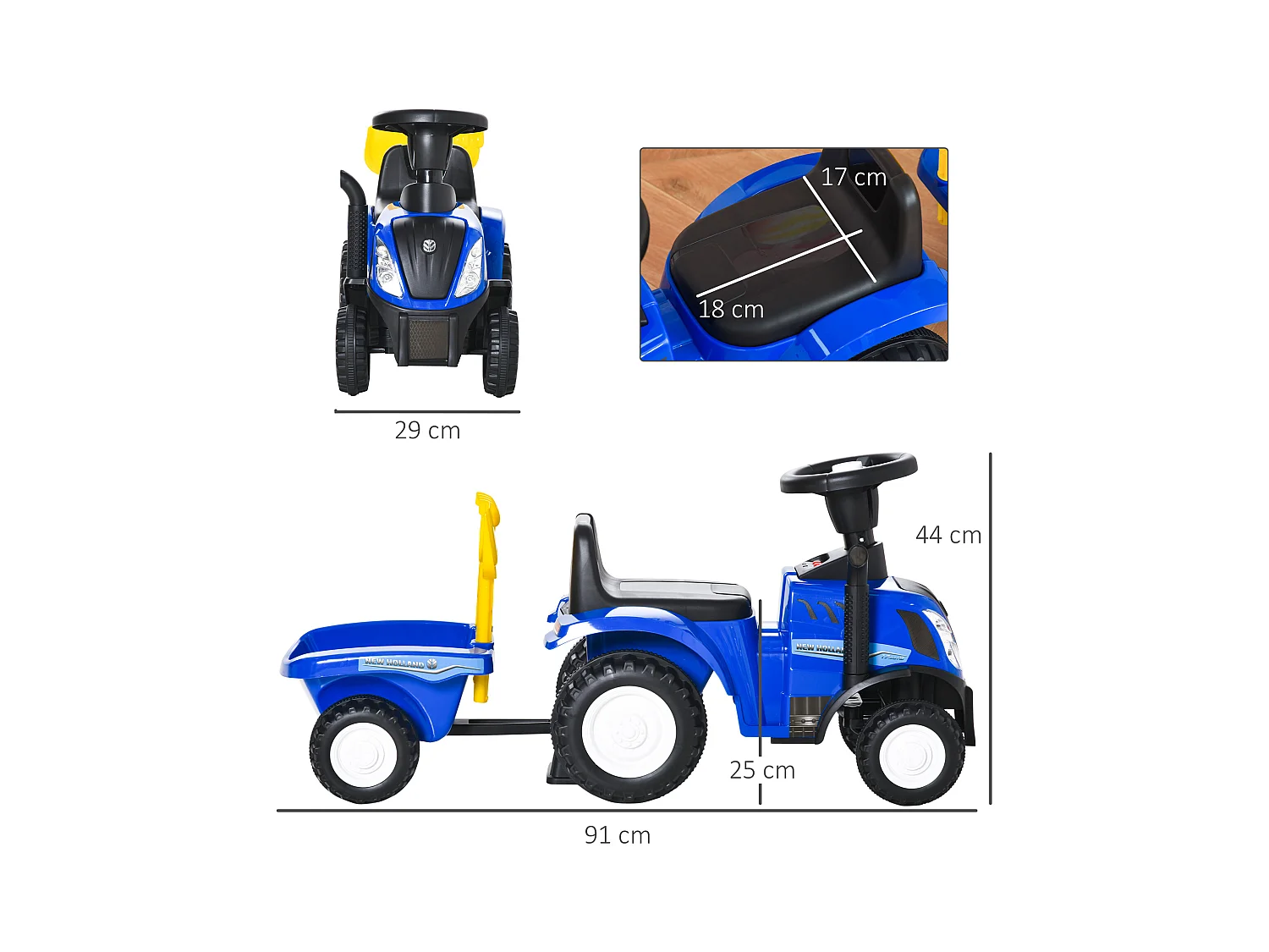 Trattore cavalcabile per bambini con rimorchio rastrello e pala
