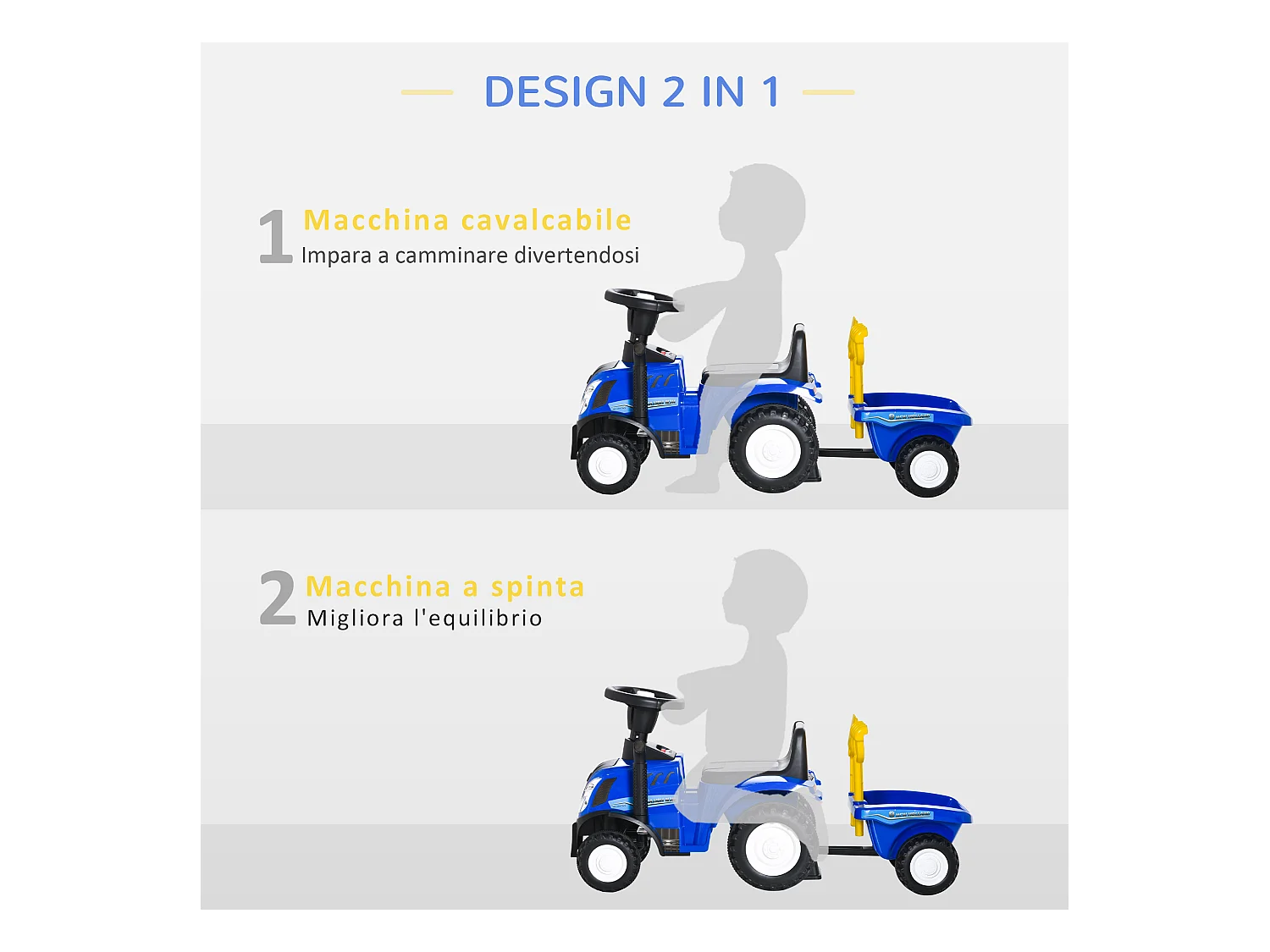 Trattore cavalcabile per bambini con rimorchio rastrello e pala