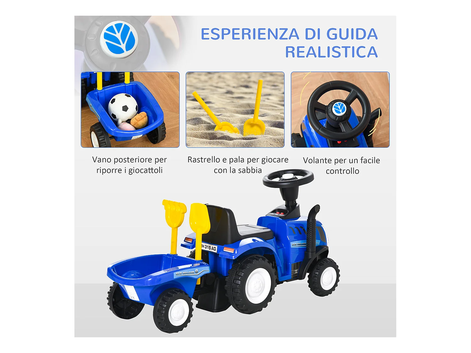 Trattore cavalcabile per bambini con rimorchio rastrello e pala