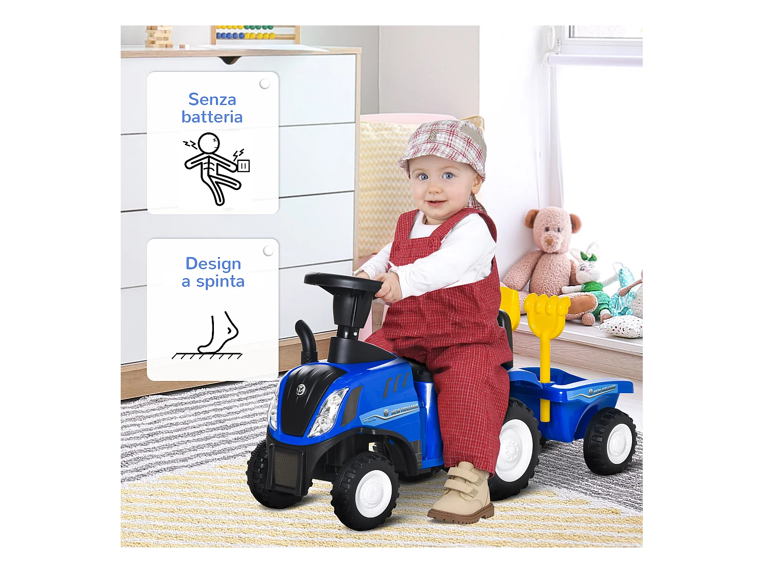 Trattore cavalcabile per bambini con rimorchio rastrello e pala