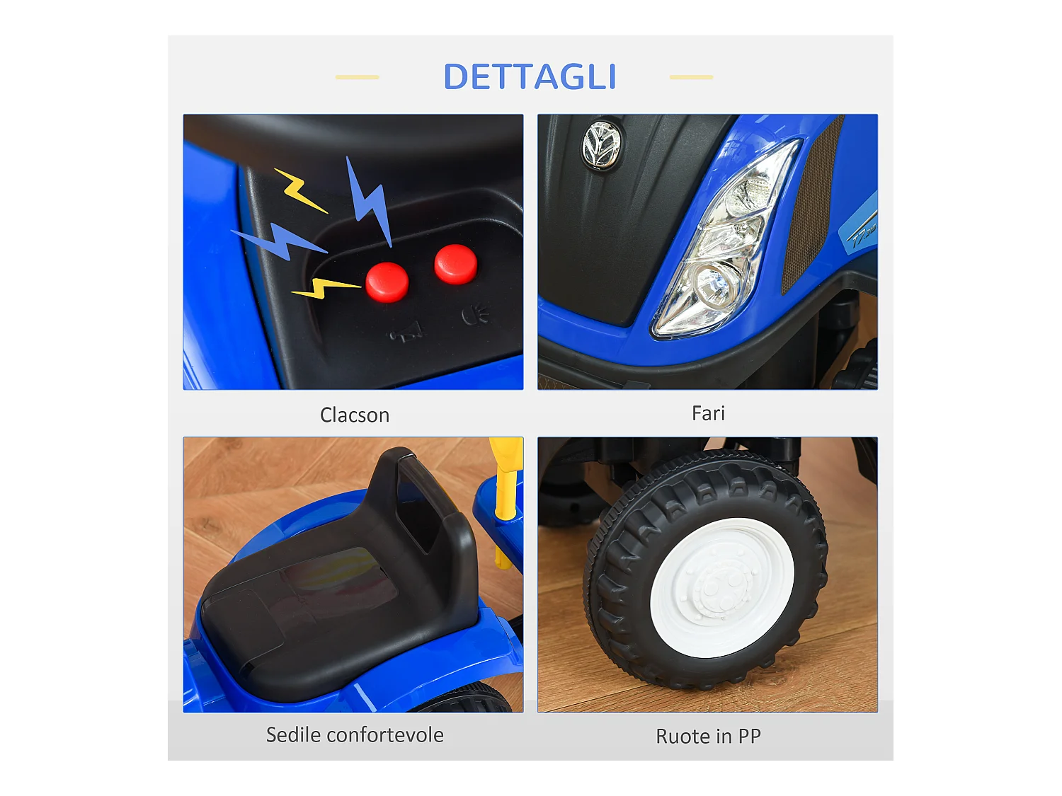 Trattore cavalcabile per bambini con rimorchio rastrello e pala