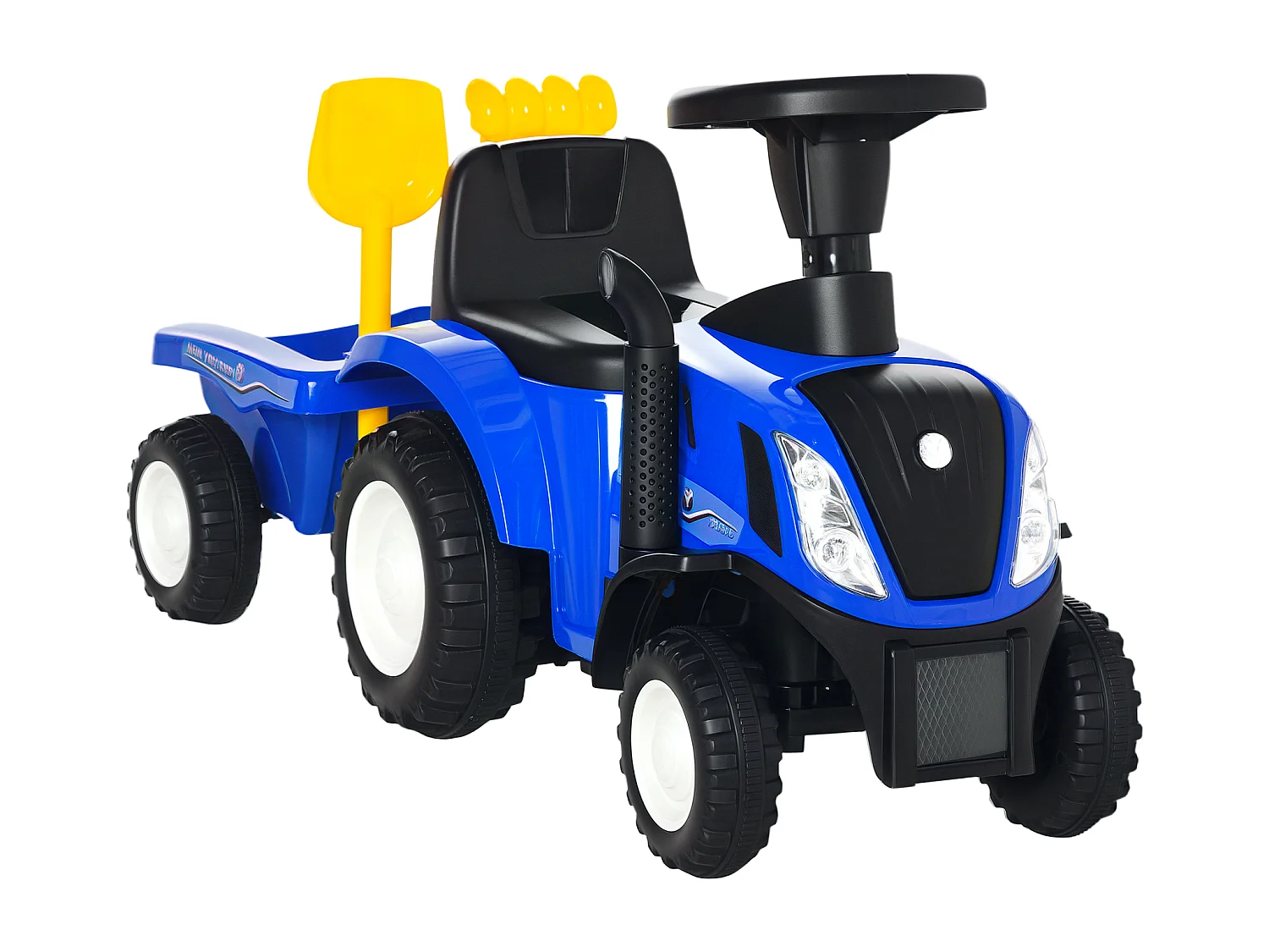 Trattore cavalcabile per bambini con rimorchio rastrello e pala