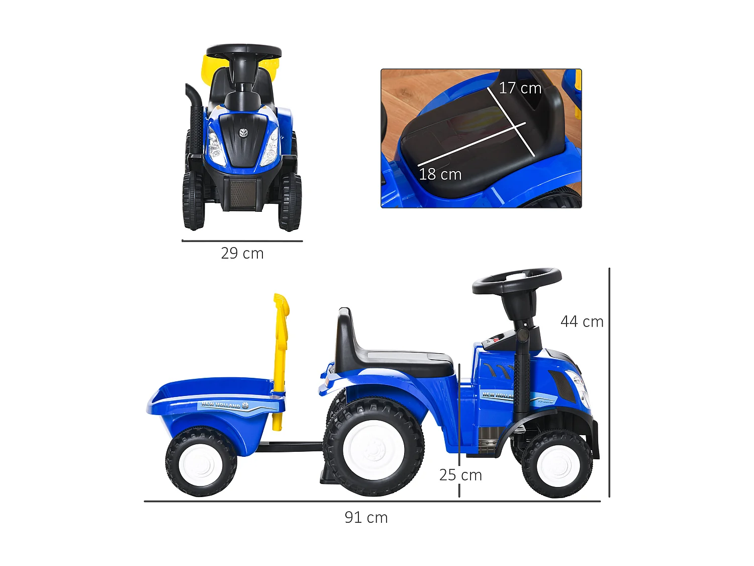 Trattore cavalcabile per bambini con rimorchio rastrello e pala