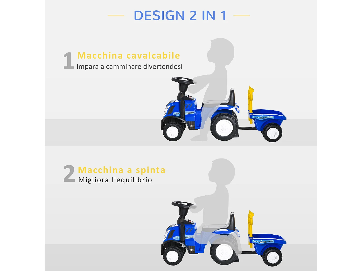 Trattore cavalcabile per bambini con rimorchio rastrello e pala