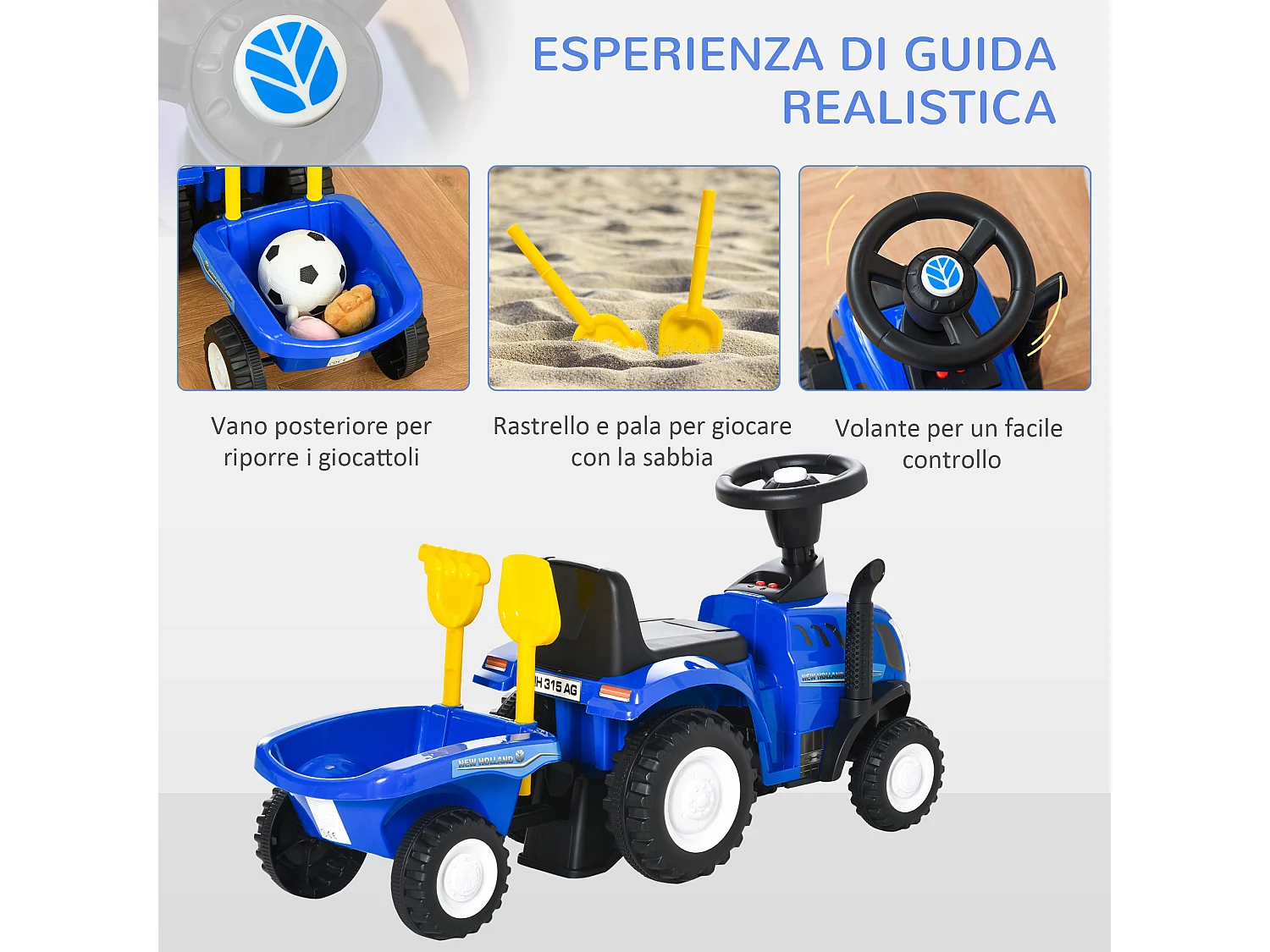 Trattore cavalcabile per bambini con rimorchio rastrello e pala