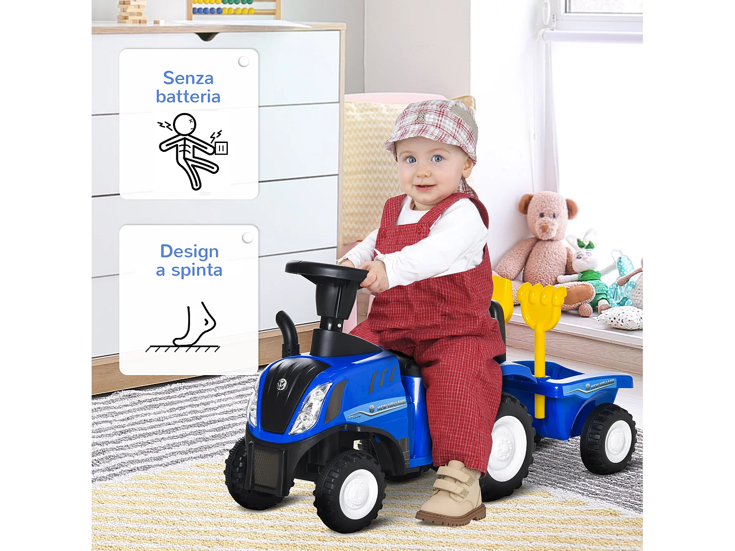 Trattore cavalcabile per bambini con rimorchio rastrello e pala