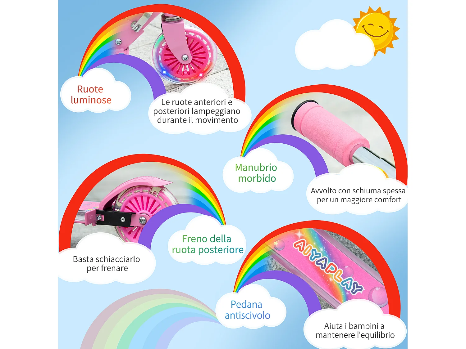 Monopattino per bambini 3-7 anni pieghevole a 2 ruote rosa