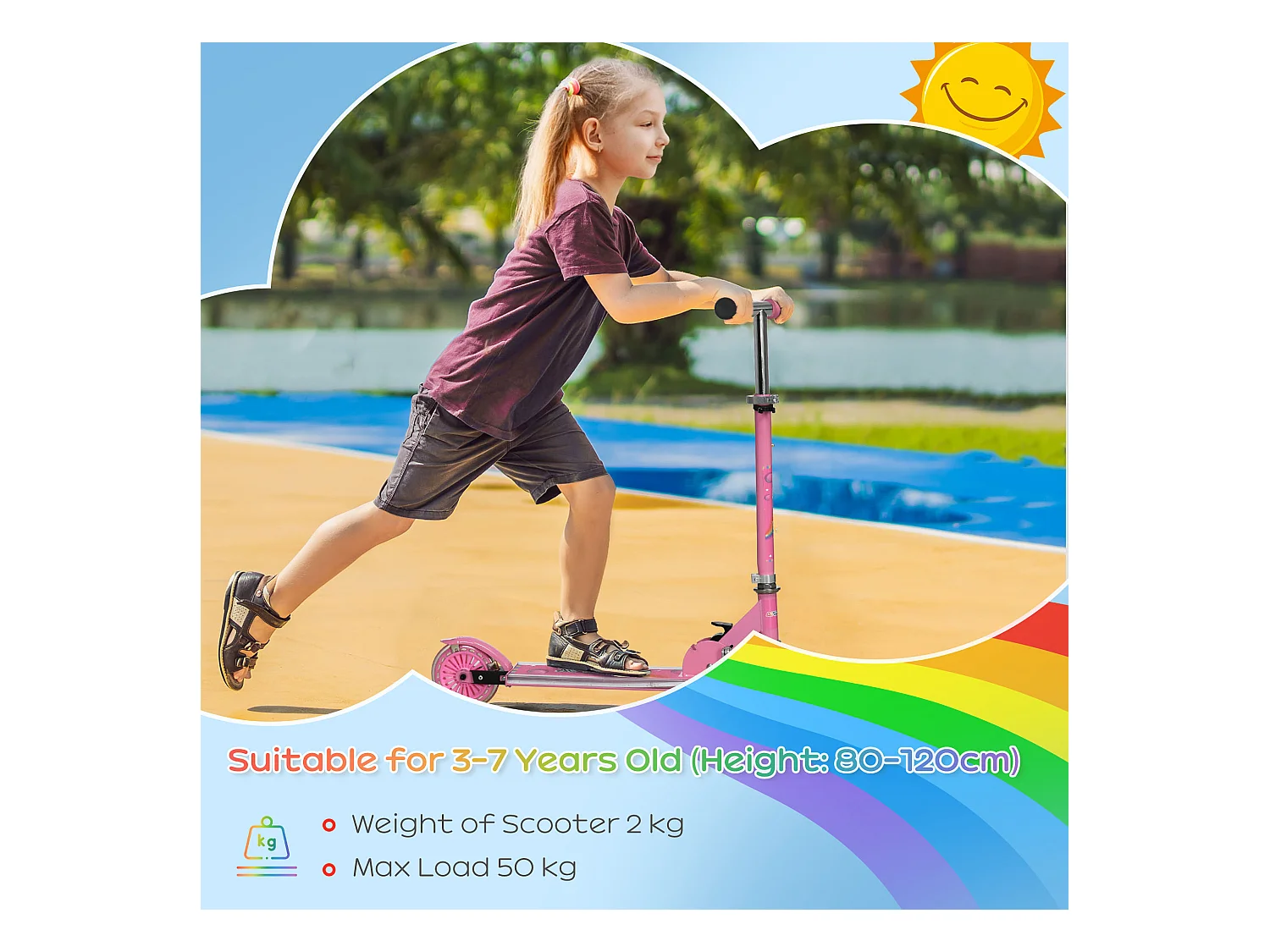 Monopattino per bambini 3-7 anni pieghevole a 2 ruote rosa