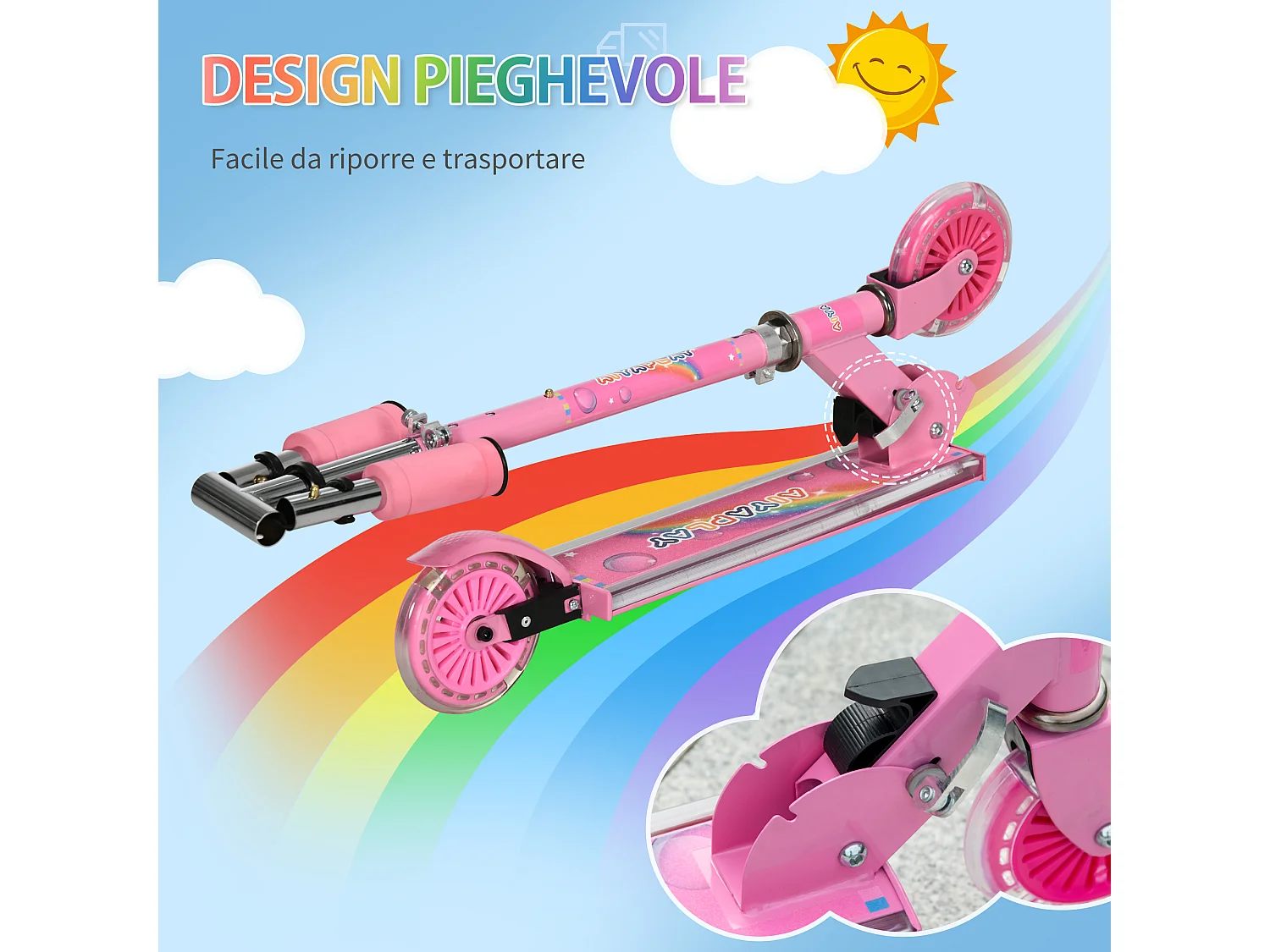 Monopattino per bambini 3-7 anni pieghevole a 2 ruote rosa