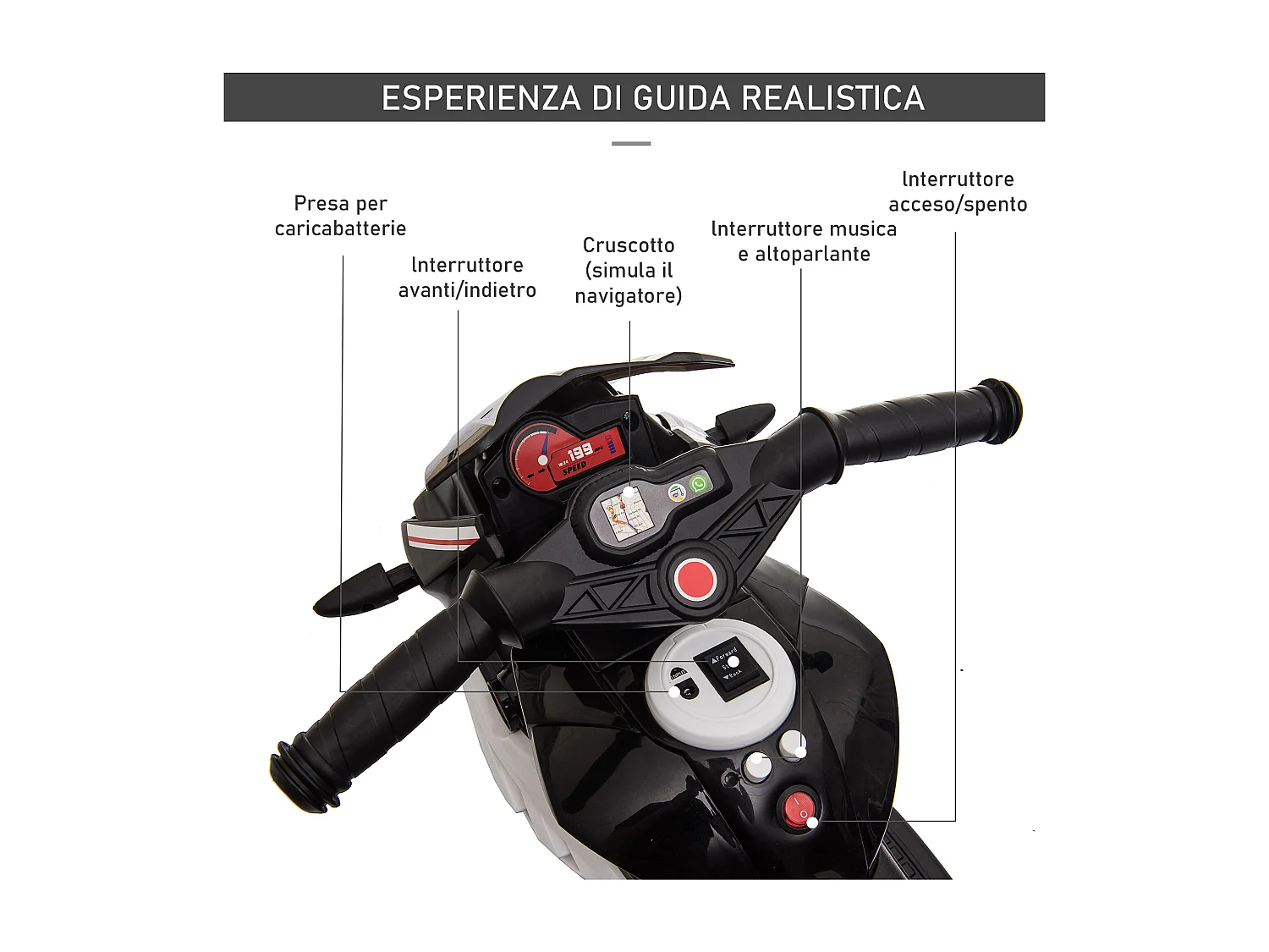 Moto elettrica bimbi 3-5 anni batteria 6v velocità 3km/h nera