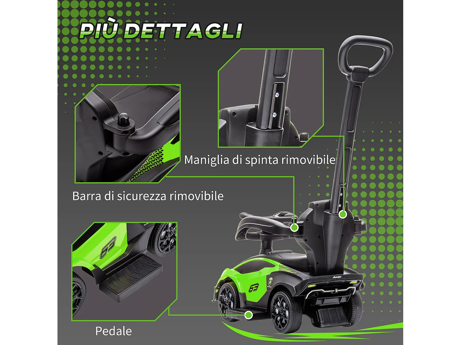 Macchina per bambini a spinta 2 in 1 maniglione e barriera