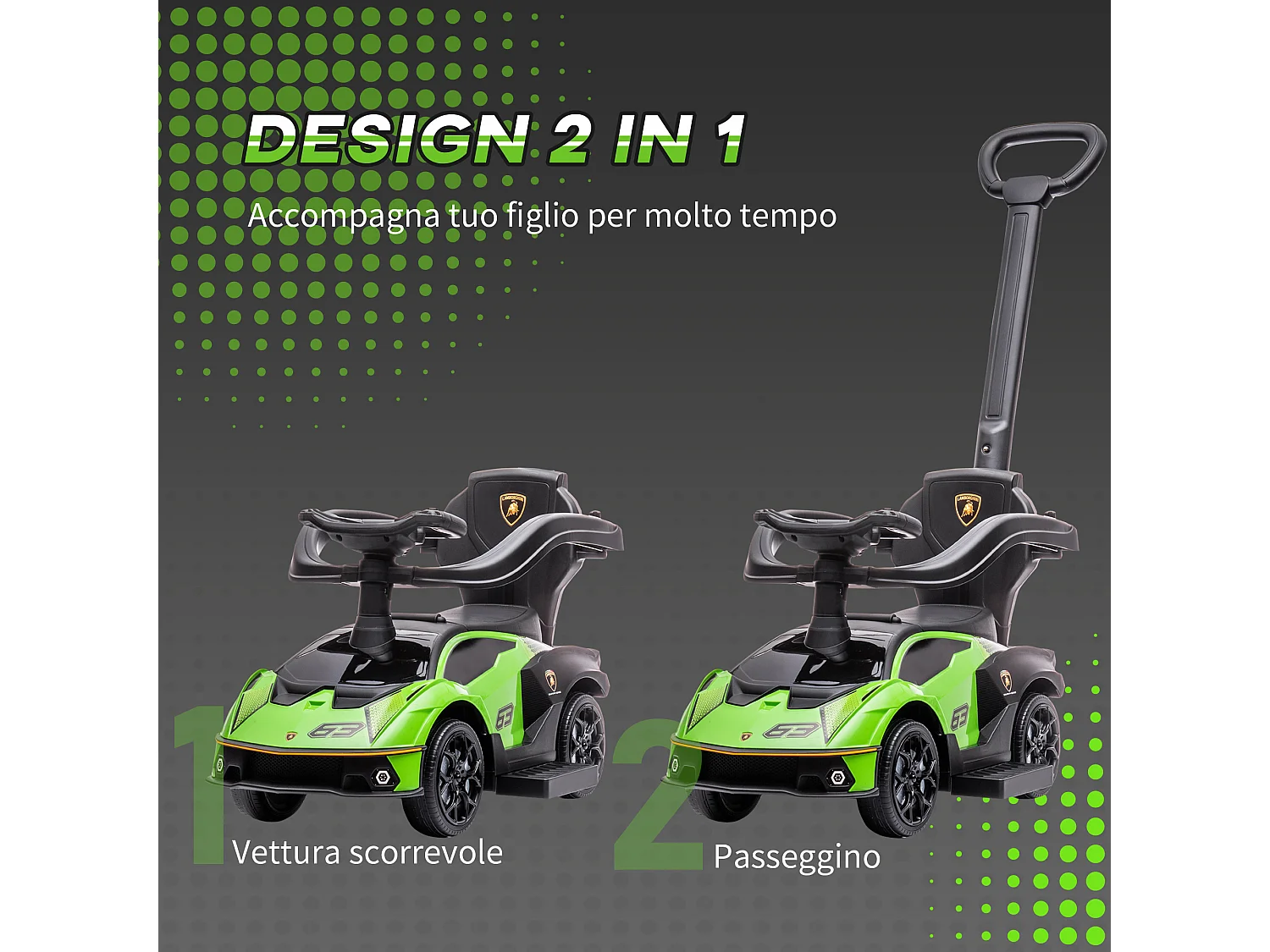 Macchina per bambini a spinta 2 in 1 maniglione e barriera