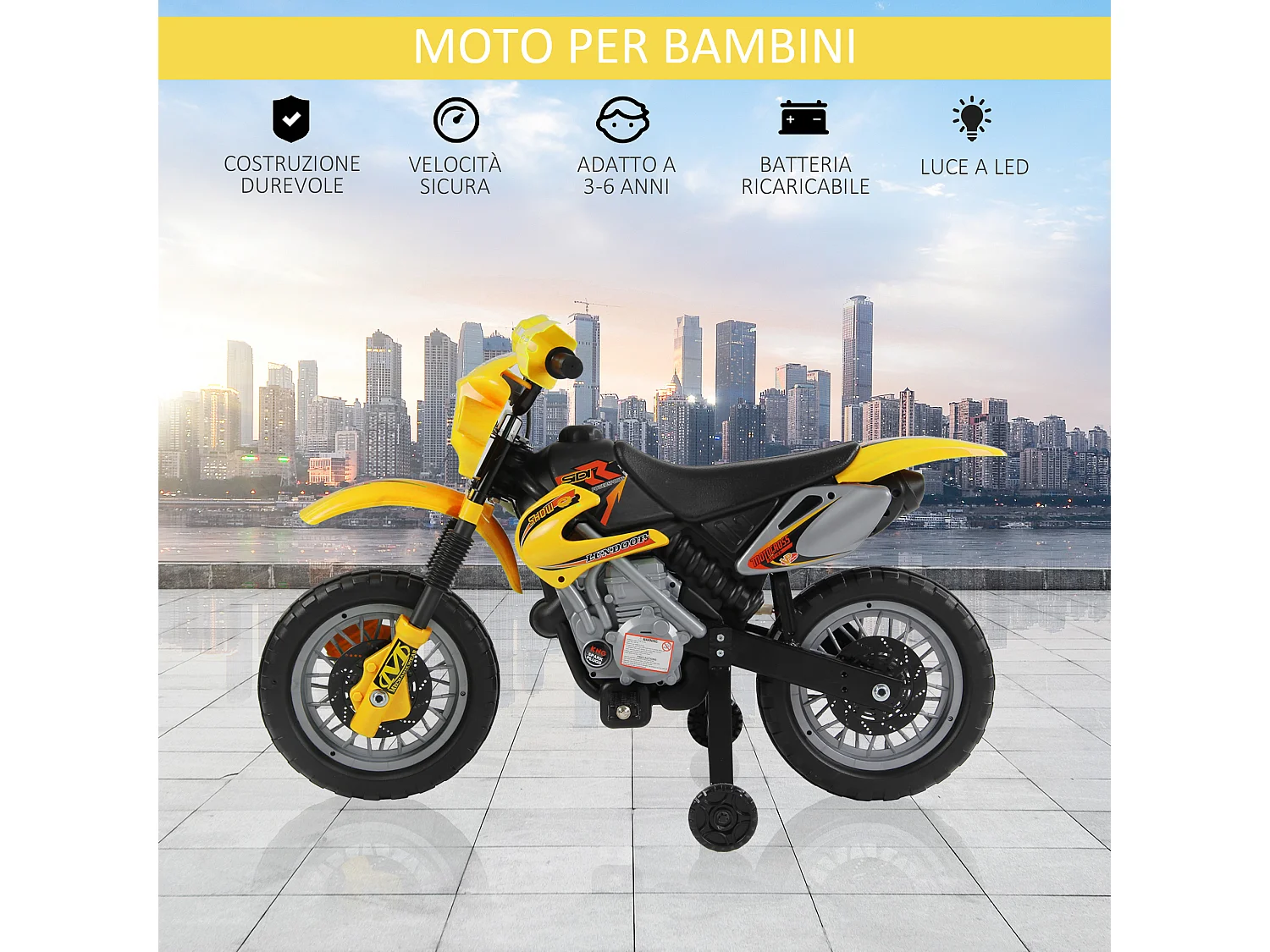 Moto da cross per bambini da 3 anni in su 6v con rotelle giallo