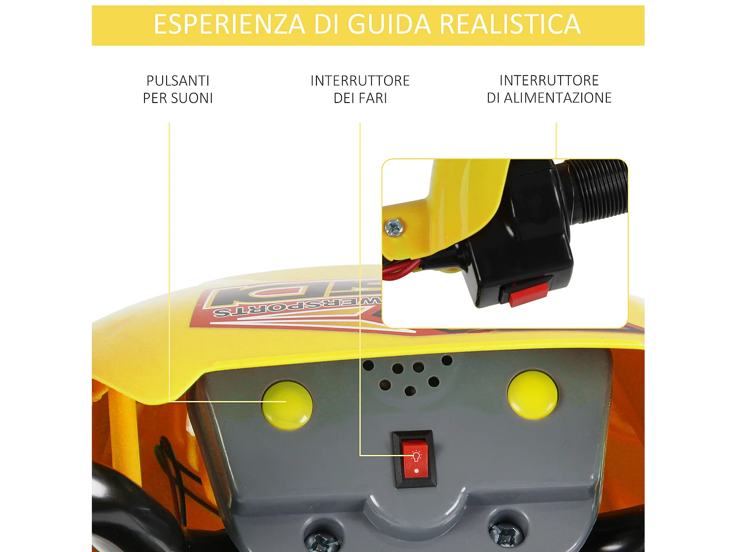 Moto da cross per bambini da 3 anni in su 6v con rotelle giallo