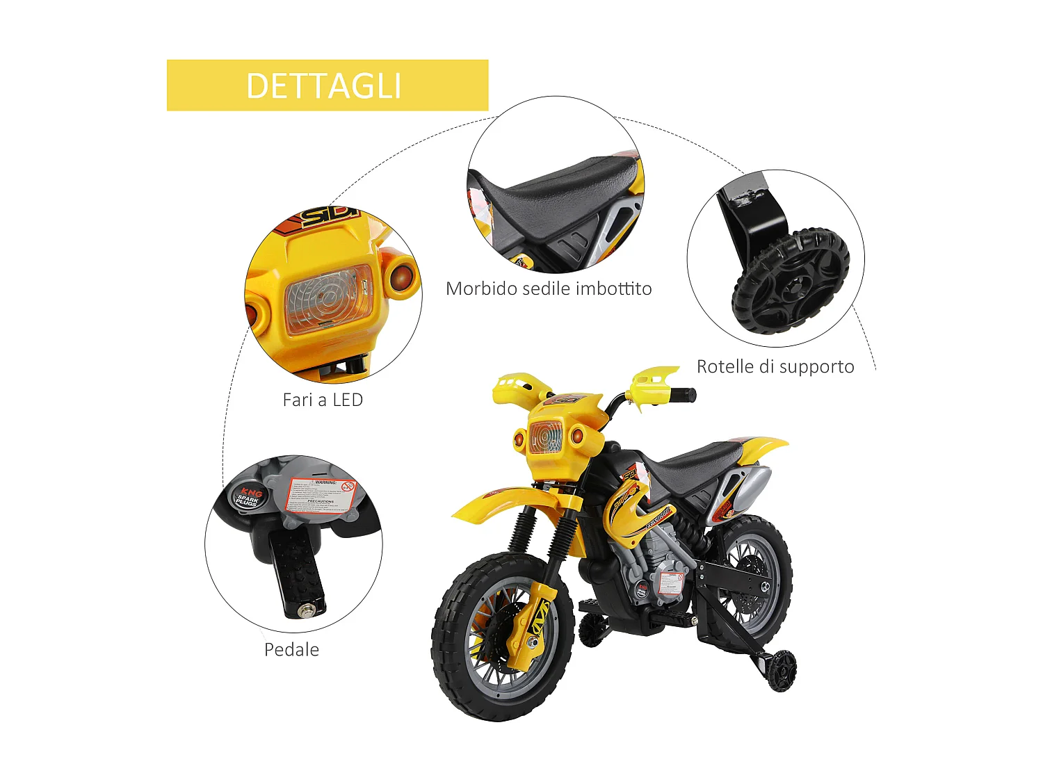 Moto da cross per bambini da 3 anni in su 6v con rotelle giallo