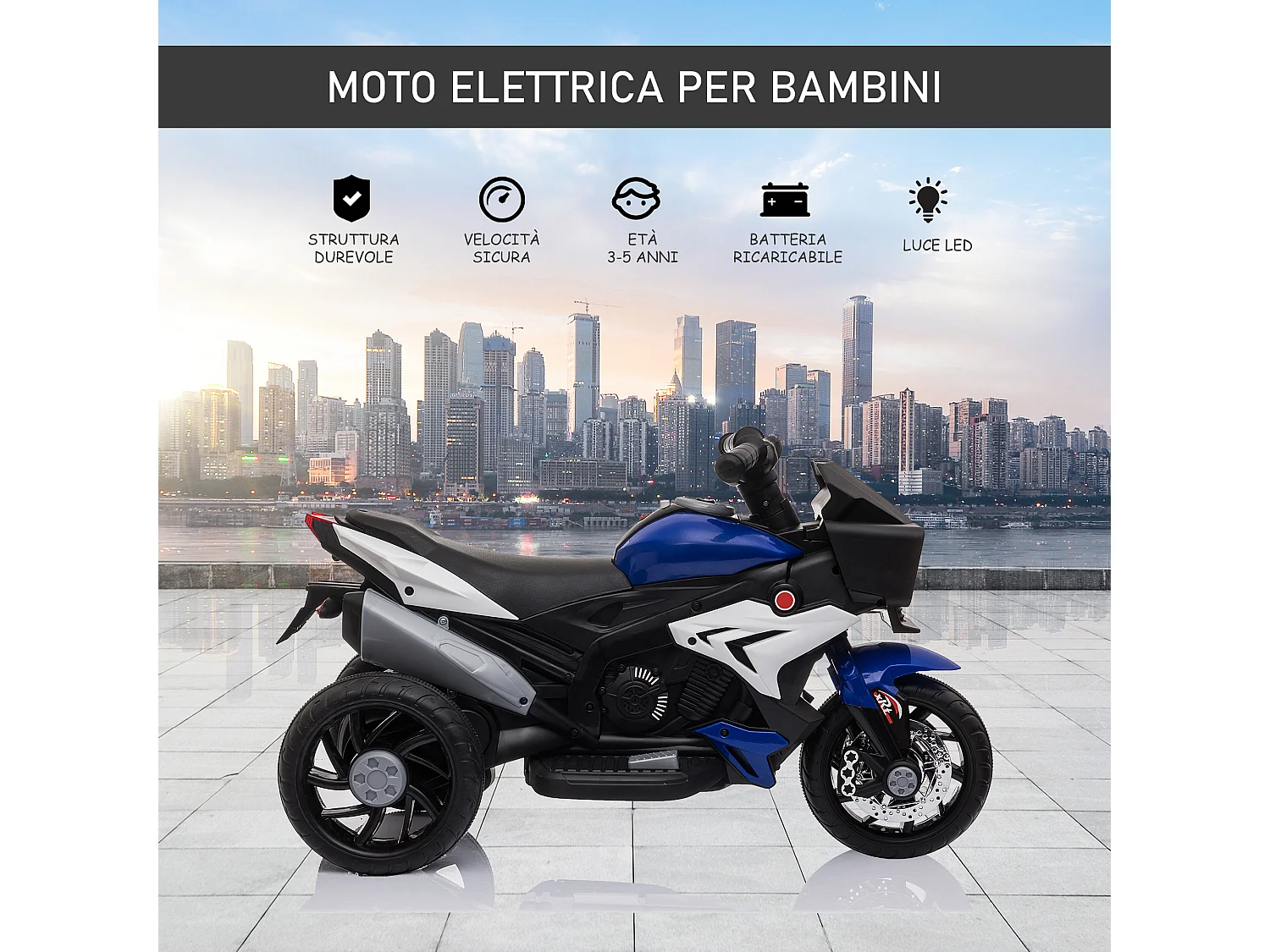 Moto elettrica per bambini 3-6 anni con 3 ruote batteria 6v blu