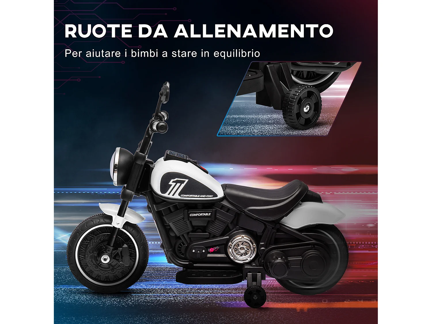 Moto elettrica per bambini 18-36 mesi con rotelle e fanale bianco nero