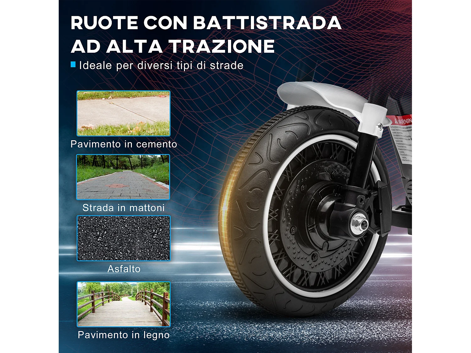 Moto elettrica per bambini 18-36 mesi con rotelle e fanale bianco nero