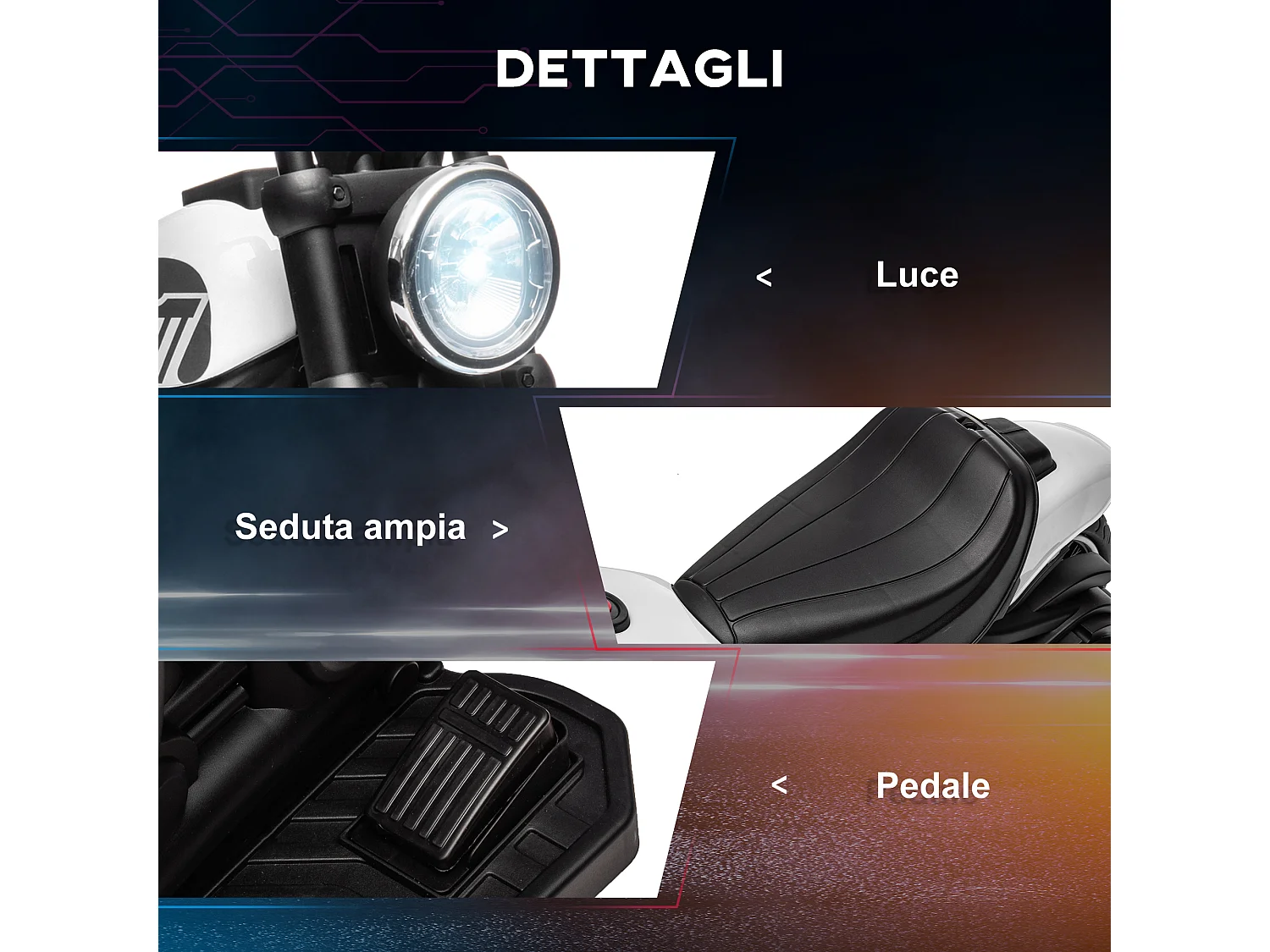 Moto elettrica per bambini 18-36 mesi con rotelle e fanale bianco nero