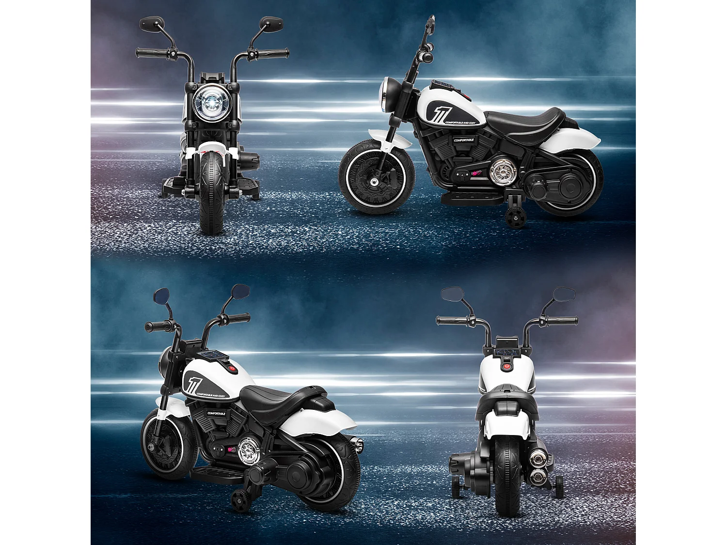 Moto elettrica per bambini 18-36 mesi con rotelle e fanale bianco nero